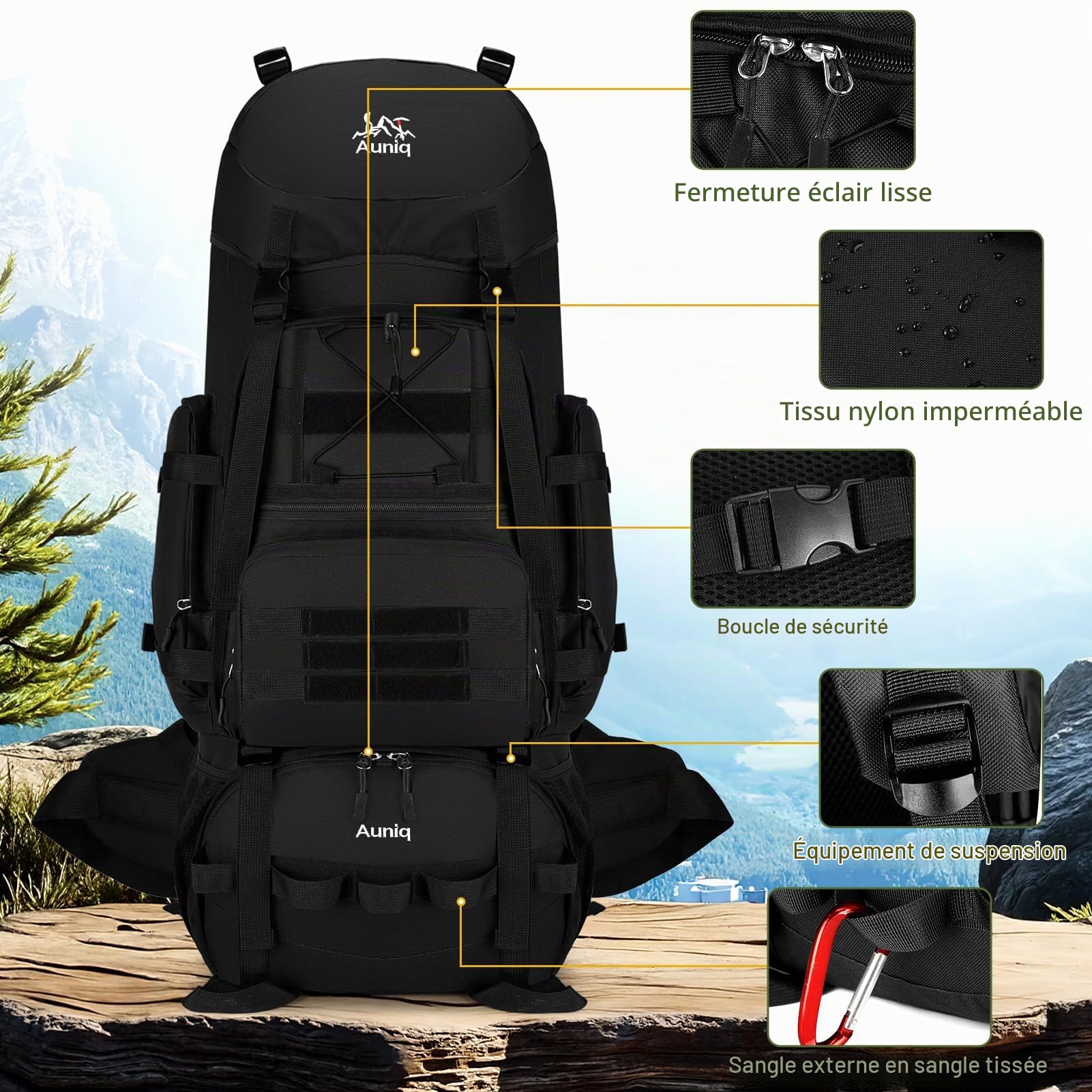 Sac à Dos de Randonnée 100L, Grande Capacité Sac à Dos Trekking Réflecteur Sac à Dos Voyage Imperméable Résistant Sac à Dos de Camping pour Plein air Alpinisme Sports Voyage Trekking (Noir)