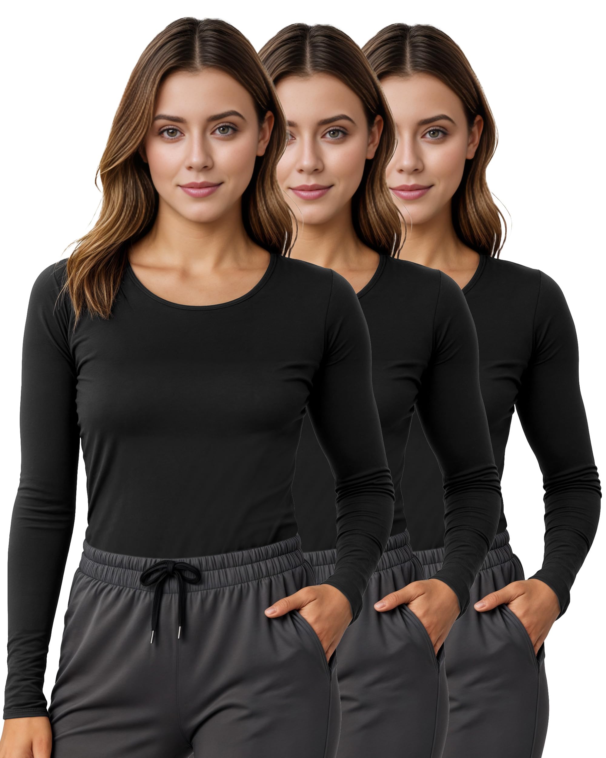 NY Threads 3 Pack Nurse Underscrub Long Sleeve Women Slim fit Under Scrub Shirt, XX-Large, Black/Black/Black