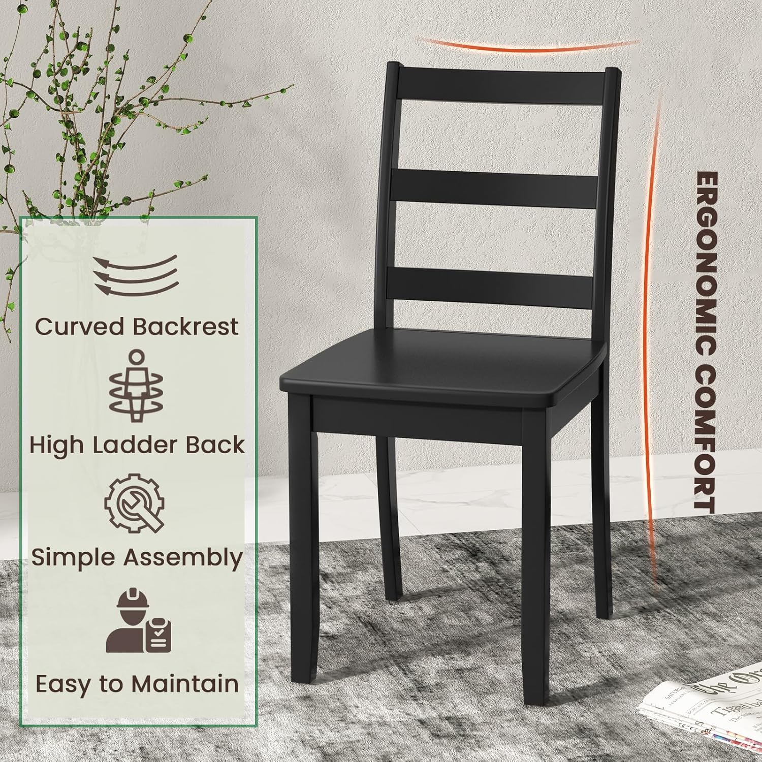 NAFORT Black Dining Chairs Set of 4 Wood, Armless Kitchen Chairs with Solid Rubber Wood Legs, Non-Slip Foot Pads, Max Load 400 Lbs, Farmhouse Seat High Ladder Back Dining Room Chairs