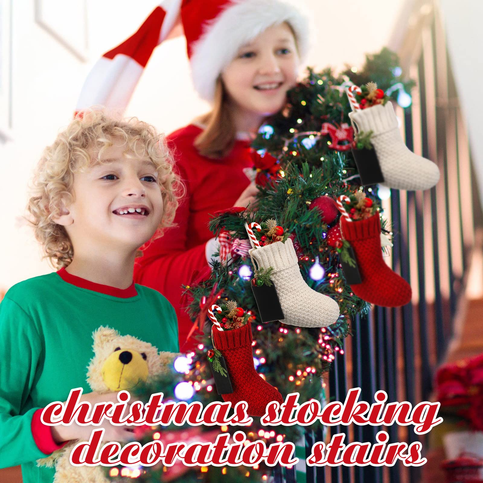 Zubebe 12 Pieces Christmas Mini Stockings Knitted Xmas Stocking Rustic with 12 Pieces Name Tags Family Xmas Fireplace Hanging Stockings Holiday Decorations Stockings (Red and White)