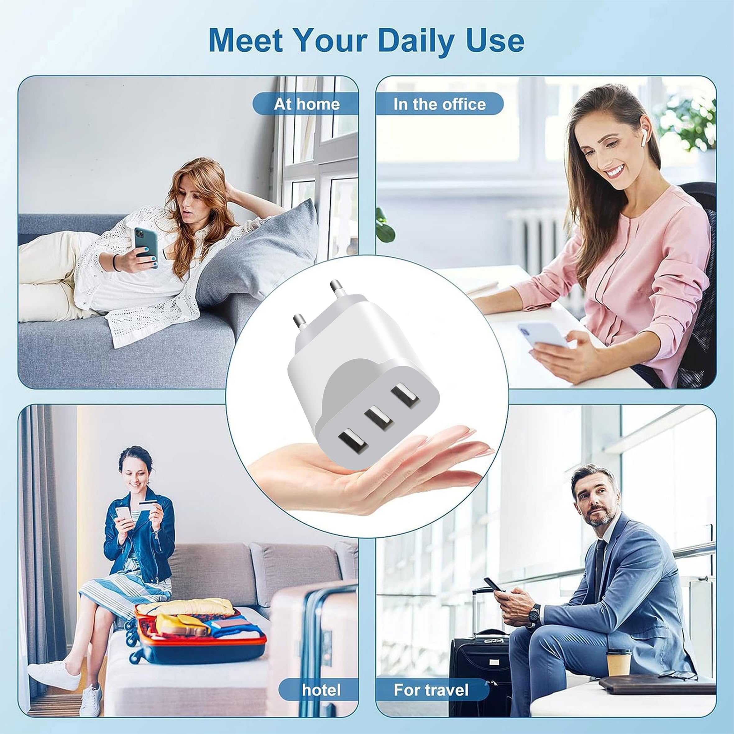 2 Pezzi Caricatore USB, Adattatore di Caricabatterie USB a 3 porte per iPhone 16 15 14 13 12 11 Pro Max SE XS XR 8 Plus SE, iPad, Samsung Galaxy (Bianco)