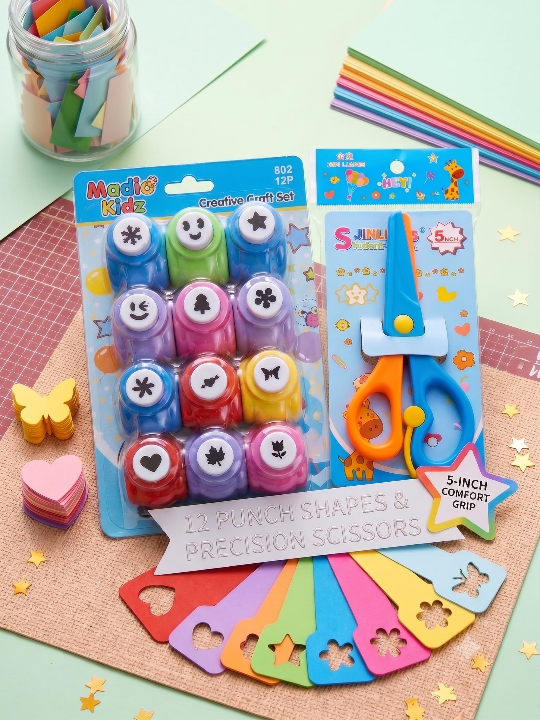 MADIO KIDZ Craft Punch & Safety Scissors Combo Set for Kids, Decorative Paper Punches with Child-Friendly Scissors, DIY Art & Craft Stationery Set for School Projects (PACK OF 12)-picture-10