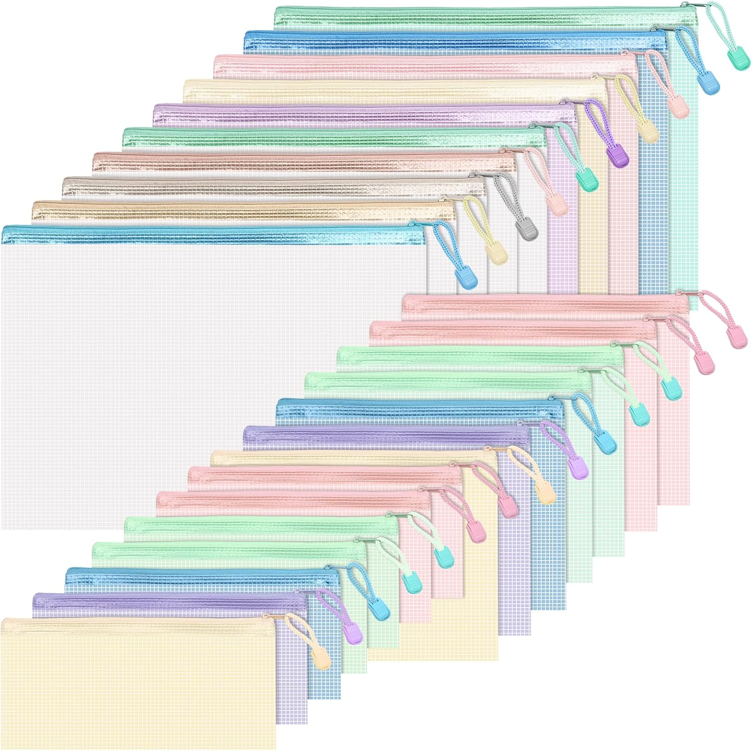BAYTORY 24Pcs Mesh Zipper Pouch File Bags, Waterproof Clear File Pouch, Assorted Color File Pockets, Large Capacity Plastic Document Jackets, Organizing for Travel School Office and Home (Colorful)