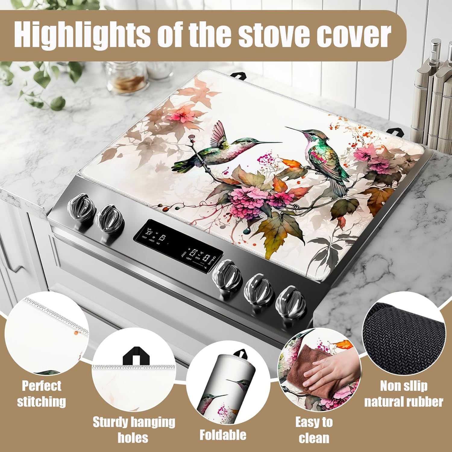 HummingBird Floral Stove Top Covers for Electric Stove, Flower Electric Gas Stove Pad Heat Resistant Range Cooktop Protector for Home Decor Kitchen 28"x20"