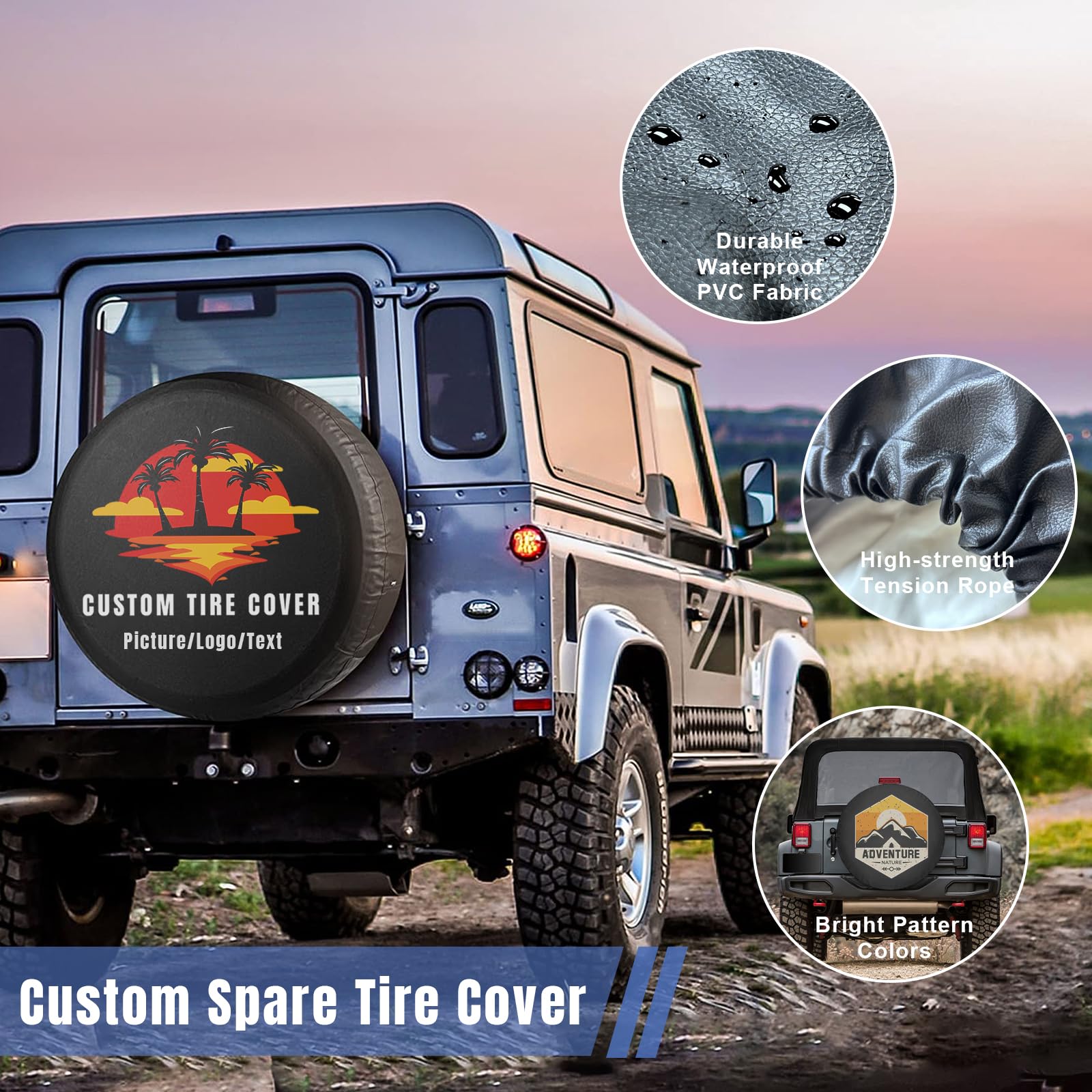 KAINSY Custom Spare Tire Cover, Personalized Wheel Tire Cover Add Your Own Logo Photo Design, PVC Waterproof Leather Universal Tire Protector with Camera Hole for Wrangler Trailer RV SUV
