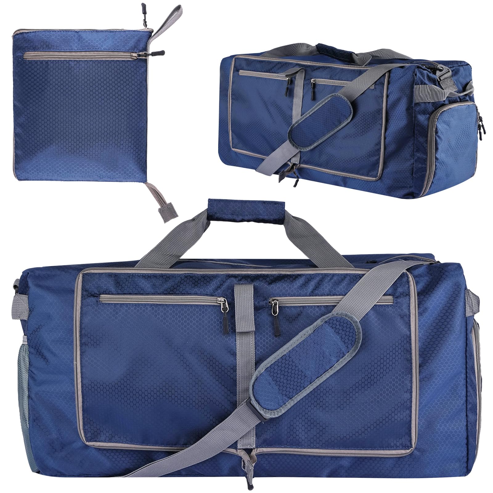 60L Foldable Duffle Bag Large Capacity Travel Weekender Bag with Shoes Compartment Lightweight & Water-Resistant Gym Beach Swimming Bags Pool Sports Gym(Dark Blue)
