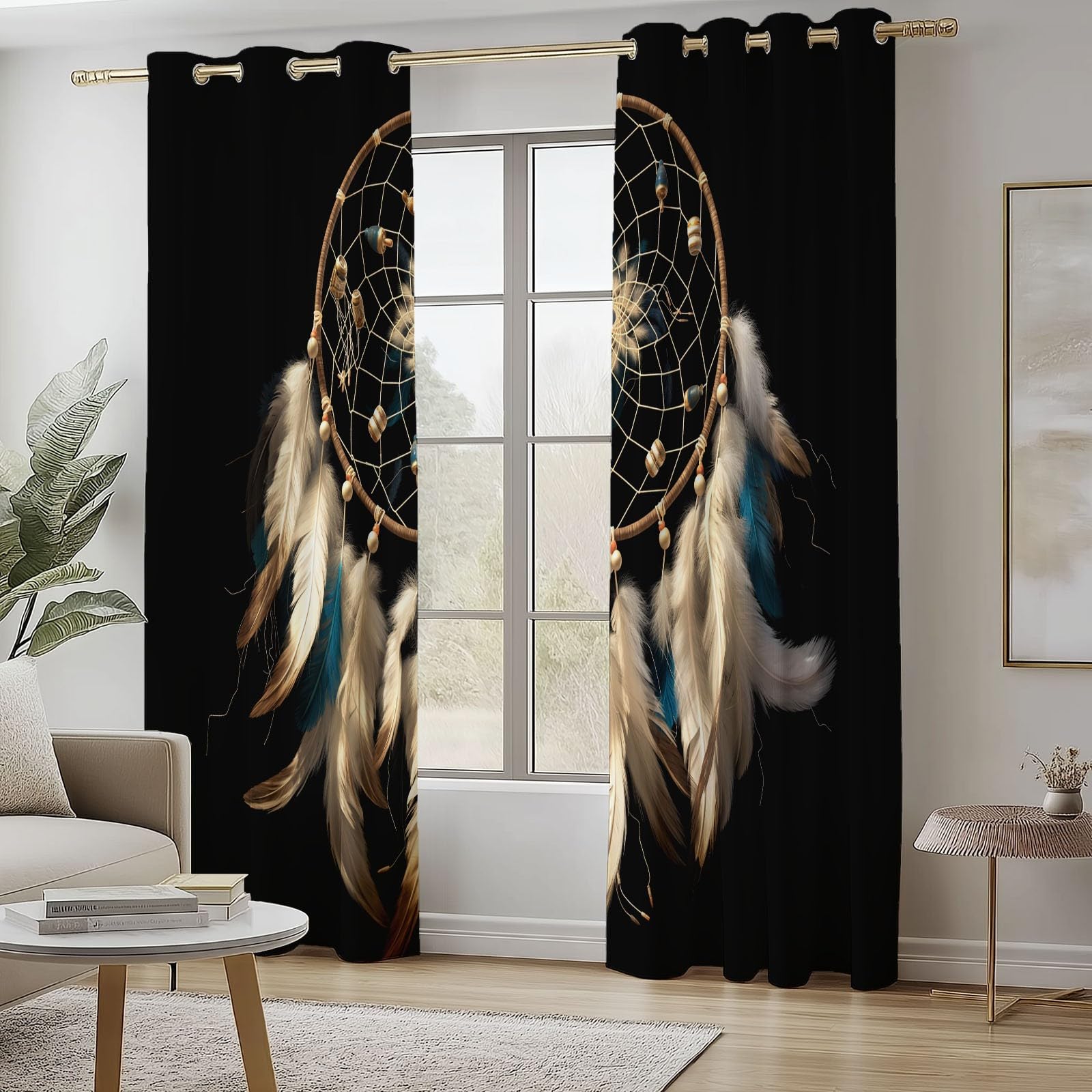 Rideau Occultant Noir Imprimé pour Salon Chambre Fenetre 85L X 200H cm (2 Panneaux) Rideaux à œillets d'intérieur isolés pour la Maison Bohème Fantastique Attrape-rêves Chambre Décoration Rideaux