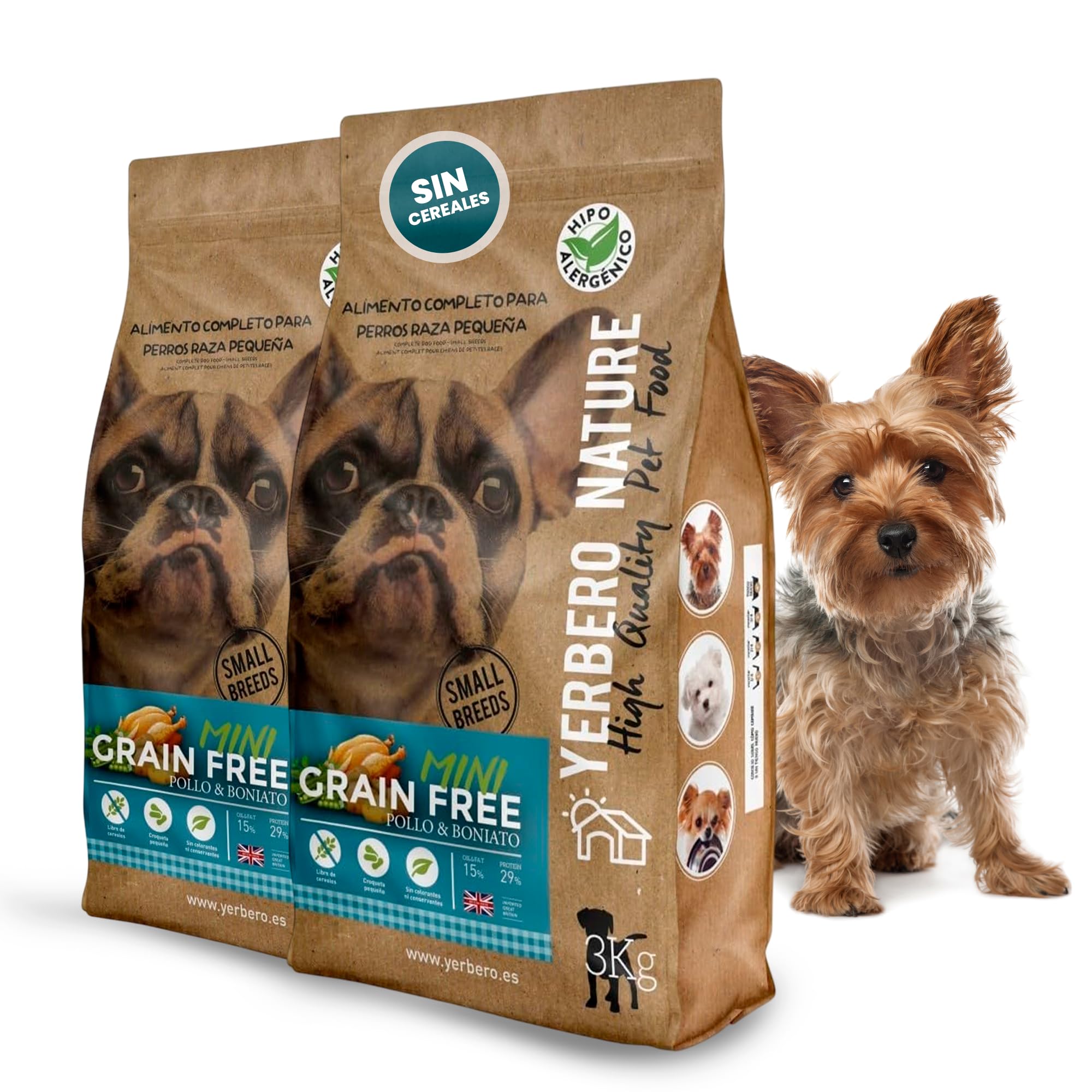 Yerbero Nature Grain Free Mini Pollo Boniato y Patata Sin Cereales,Pienso Perros Pequeños con Vitaminas Minerales y Omega3, Comida Perros Grain Free con Vitamina B y Hierro Pack 2 de 3 kg