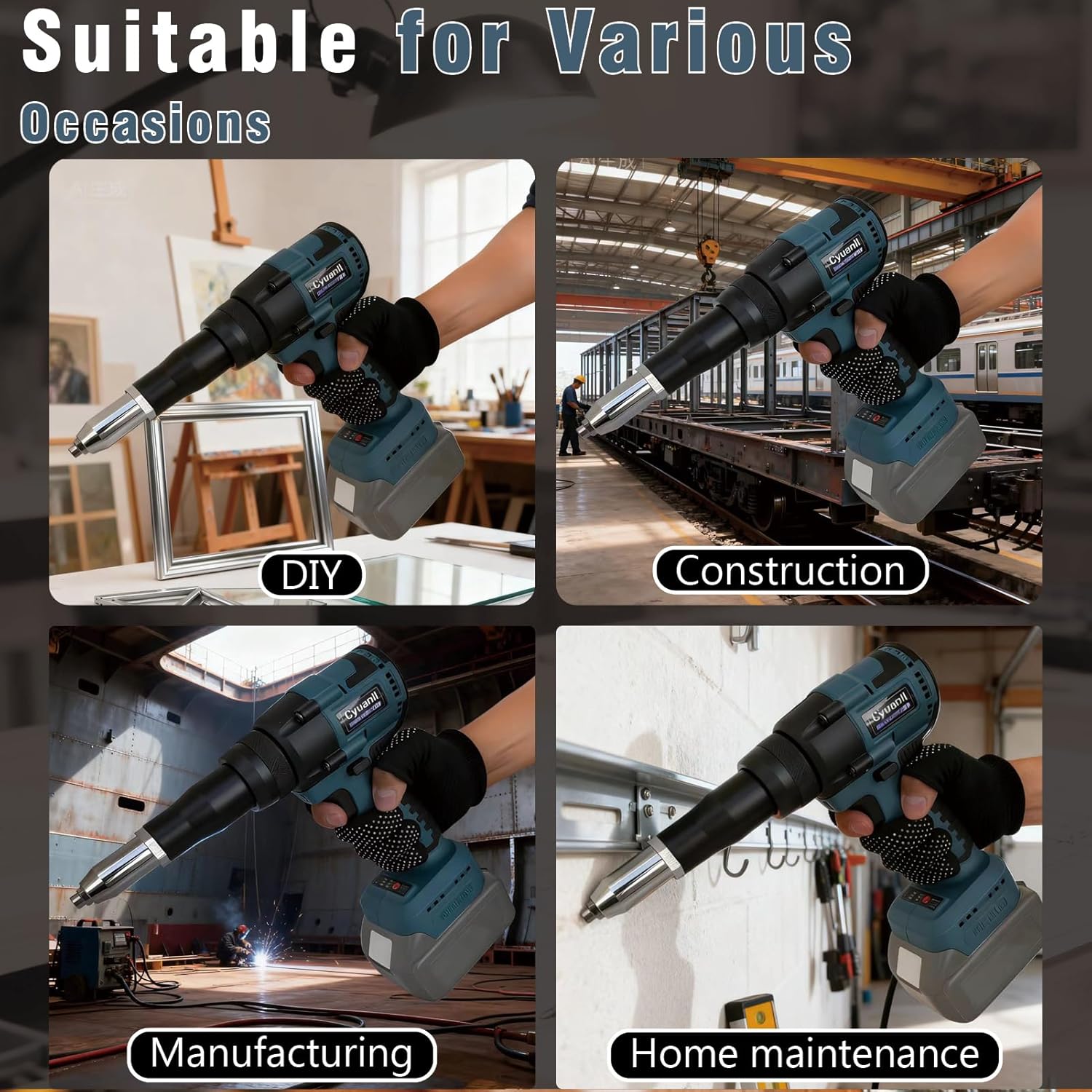 Upgraded Cordless Rivet Gun Compatible with Makita 18V Battery,Electric Rivet Gun Tool with 3 Size (1/8", 5/32", 3/16") Aluminum Rivets,Brushless Motor Rivet Gun Kit with Led Light(No Battery)-Blue