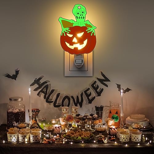 Miniatura 9 de KUNDGLA Halloween Skull Pumpkin Luminous Night Lights Plug into Wall, Fluorescence Metal Bright Plug in Nightlight, Halloween Christmas Valentine