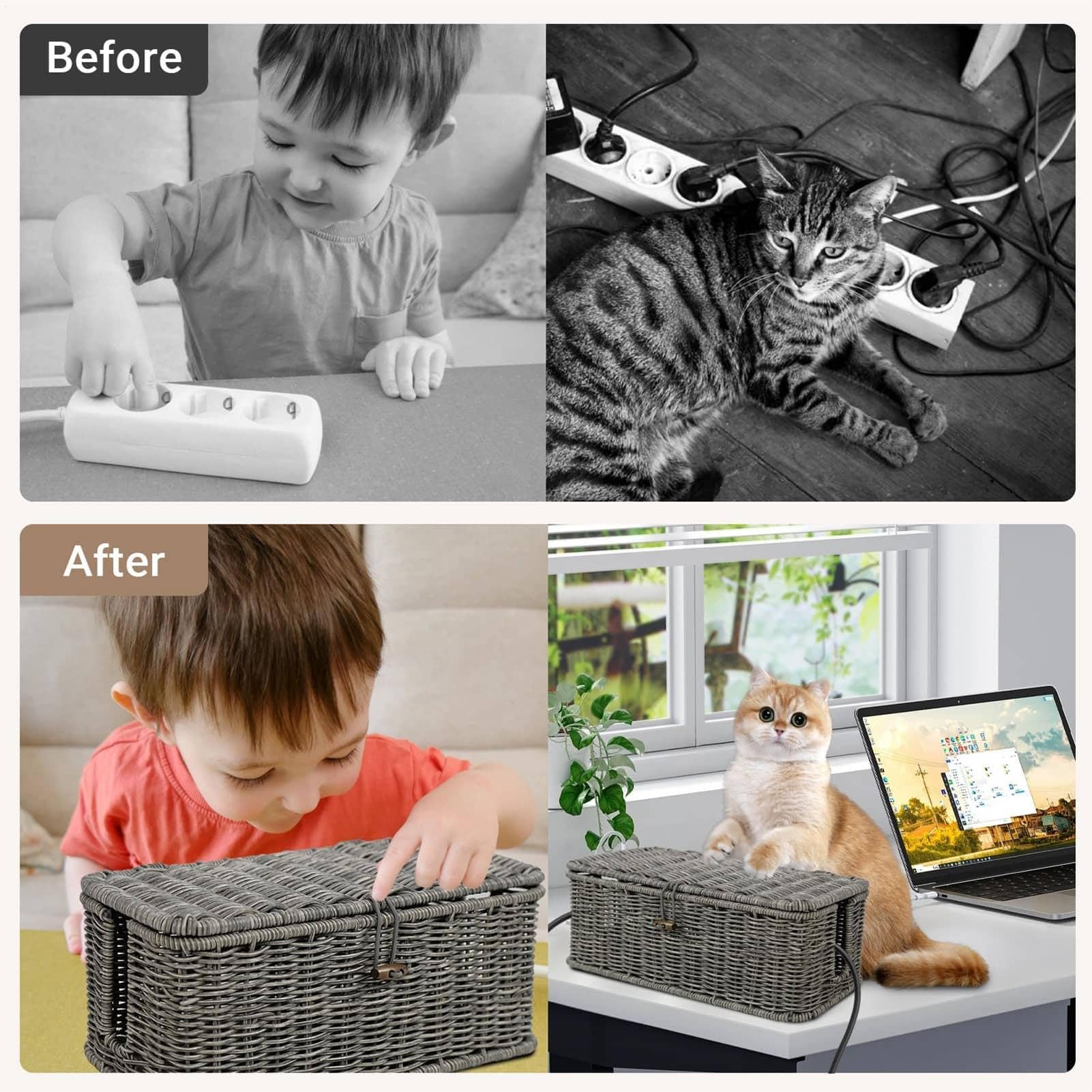 Scatola Gestione Cavi Contenitore Nascondi Prolunga Pet Friendly | Rattan Intrecciato a Mano Scrivania, Casa, TV, Computer, Router, Hub USB, Fili, Prese Multiple, Protezioni Da Sovratensione