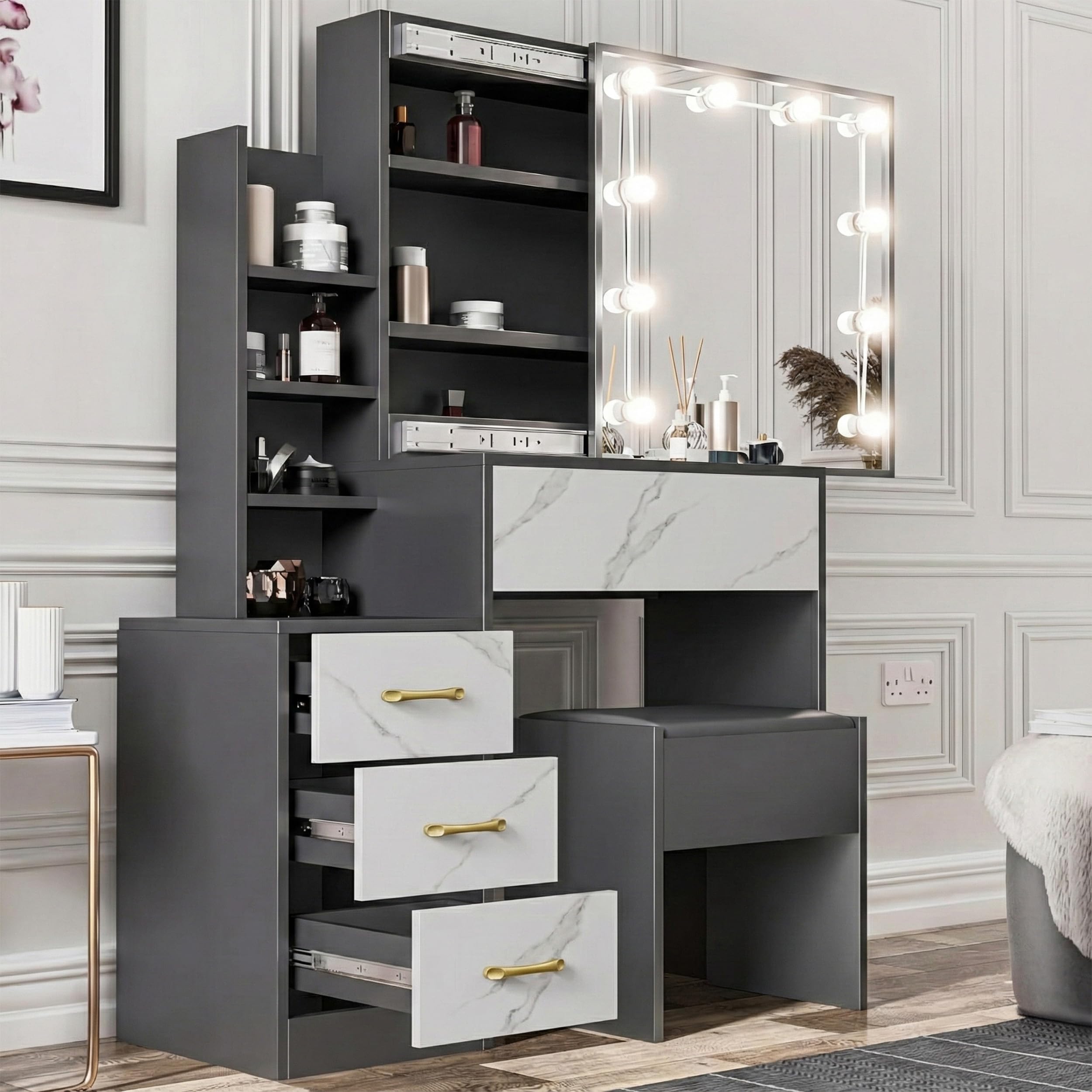 Blisswood Dressing Table with Mirror and Stool, 4 Drawer 3 open Storage Shelves and 3 Hidden Shelves with LED Bulbs, Modern Makeup Table for Bedroom & Living Room (Marble White/Dark Grey)