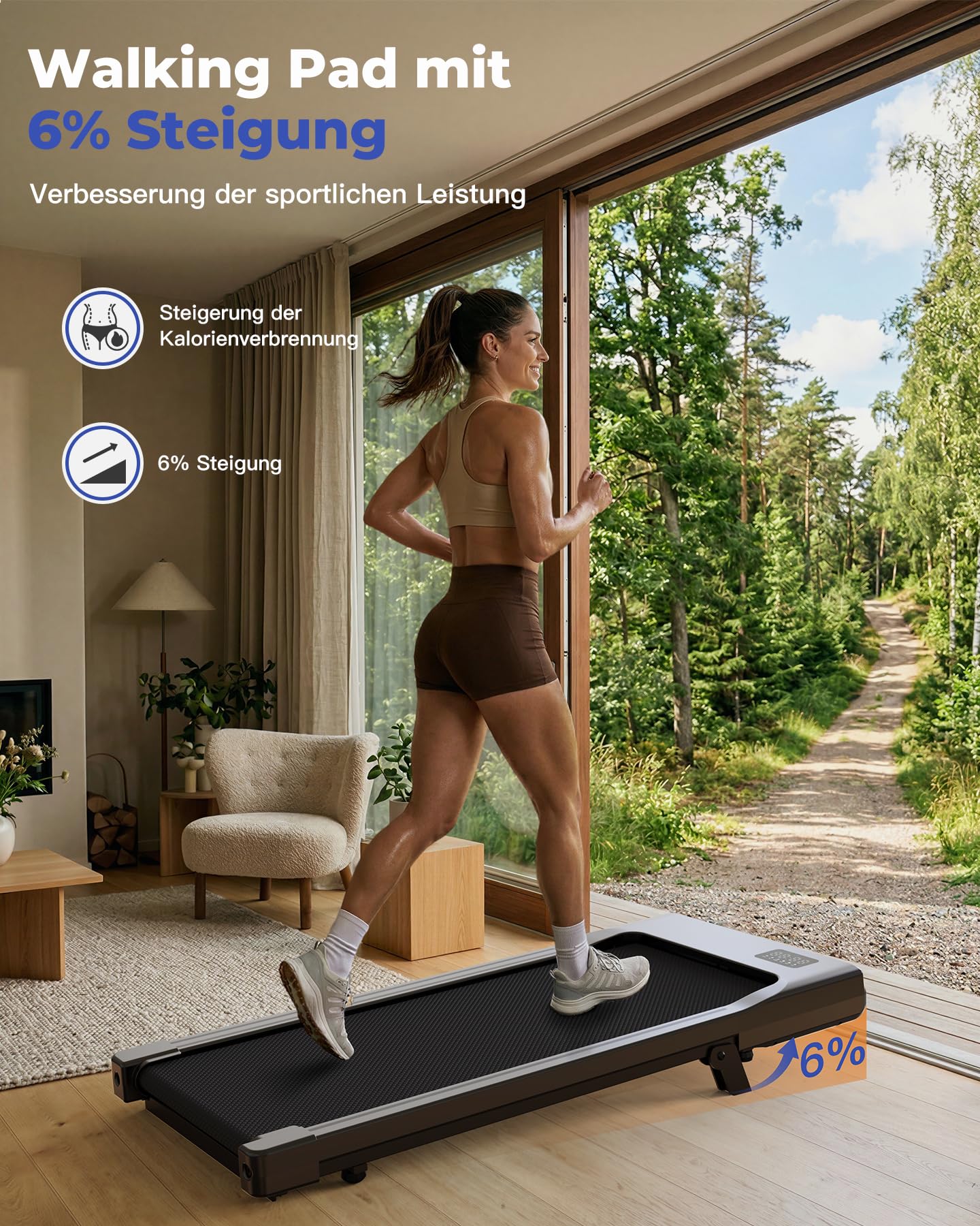 MJWW Walking Pad mit Steigung 6%, Laufband für Zuhause & Büro 136 KG mit Smart App 6 km/h & 12 km/h, Laufband Schreibtisch Leise 2.5 PS mit Schulungskurse und Multiplayer-Wettbewerbe