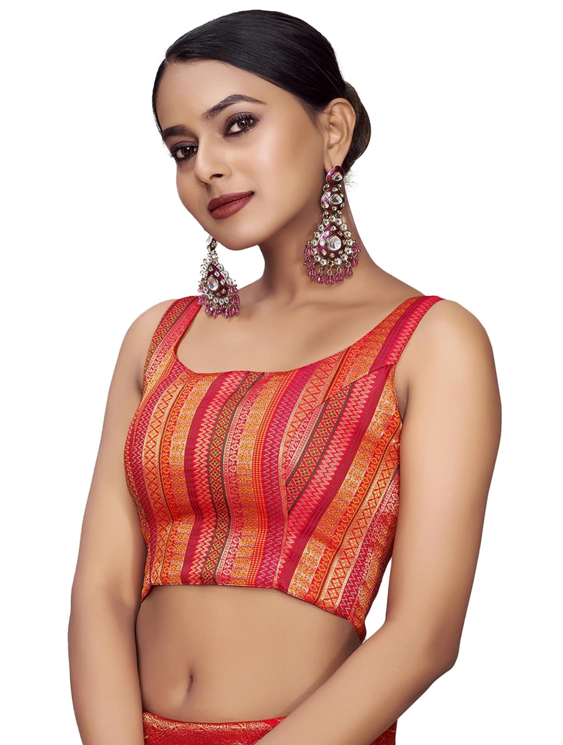 vardha Women's Readymade Art Silk Sleeveless Saree Blouse Padded (Orange)-picture-14