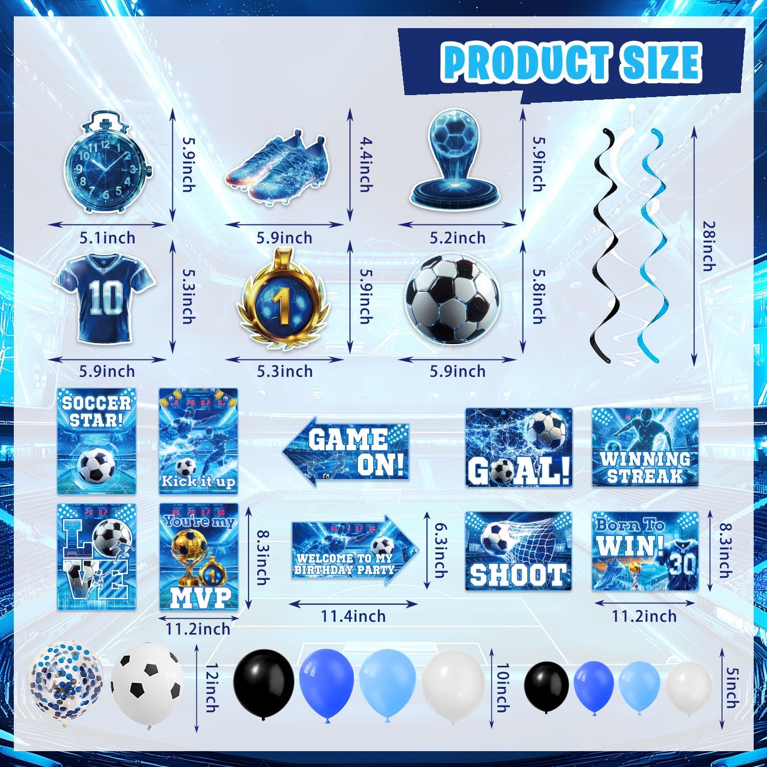 Soccer Party Decorations for Boys, 173Pcs Blue Soccer Ball Bday Party Decor Supplies for Kids - Backdrop, Banner, Tablecloths, Centerpieces, Hanging Swirls, Stickers, Wall Signs