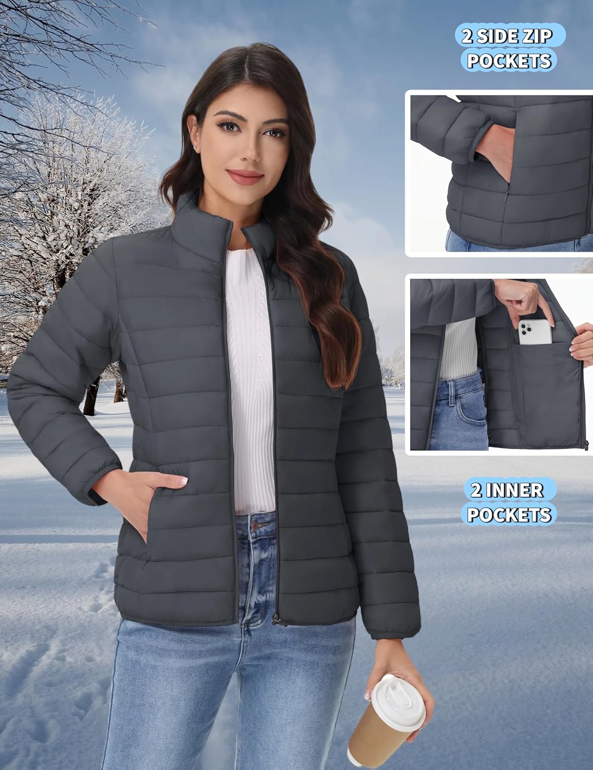 YUCOLEN Women's Puffer Jacket Quilted Winter Coat Padded Stand Collar Full-zip Warm Lightweight Puffer Coats - Image 5