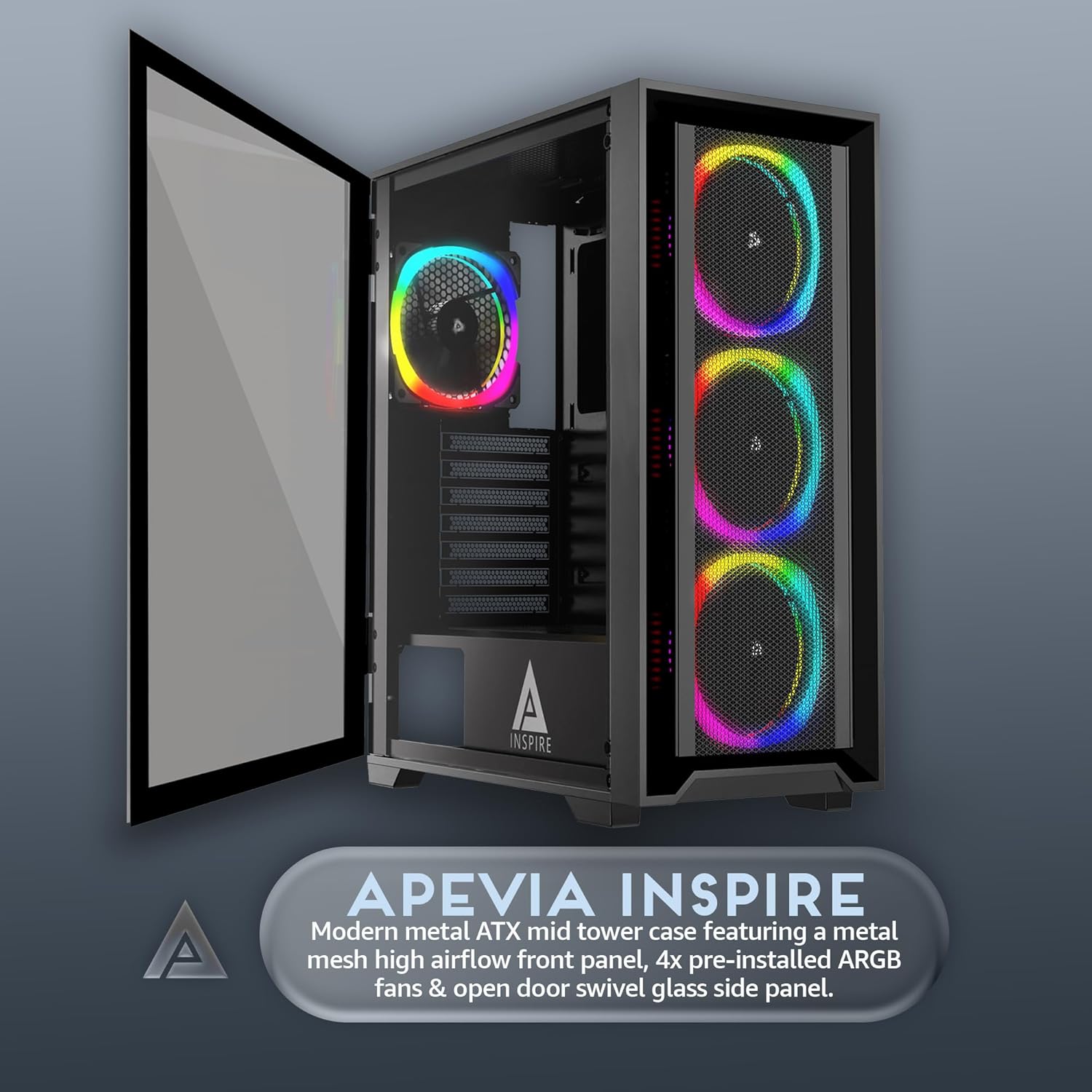 Apevia Inspire-BK Inspire Mid Tower ATX Gaming PC Case w/ 4X 120mm ARGB Fans, 366 RGB Light Modes, 1x Metal Mesh Airflow Front Panel, 1x Door Swivel Style Magnetic Glass Side Panel, 2X USB3.0, Black