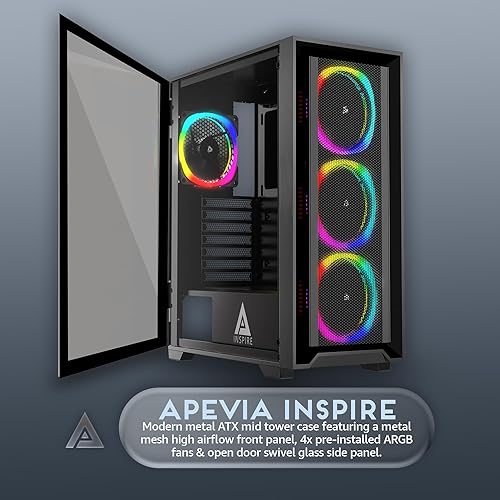 Miniatura 2 de Apevia Inspire-BK Inspire Mid Tower ATX - Funda para PC gaming con 4 ventiladores ARGB de 4.724 in, 366 modos de luz RGB, 1 panel frontal de flujo