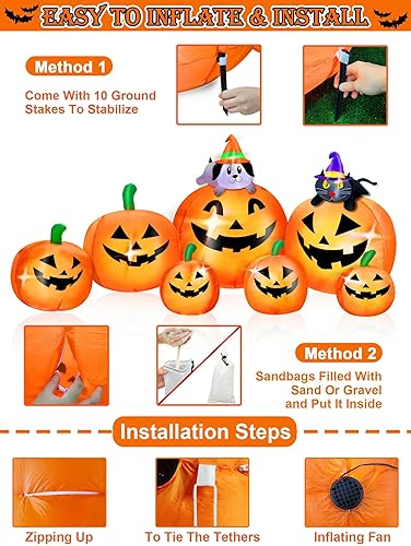 Miniatura 3 de Decoraciones inflables de calabaza de Halloween al aire libre – 7 calabazas con bruja gato y perro con LED integrados inflables inflables para