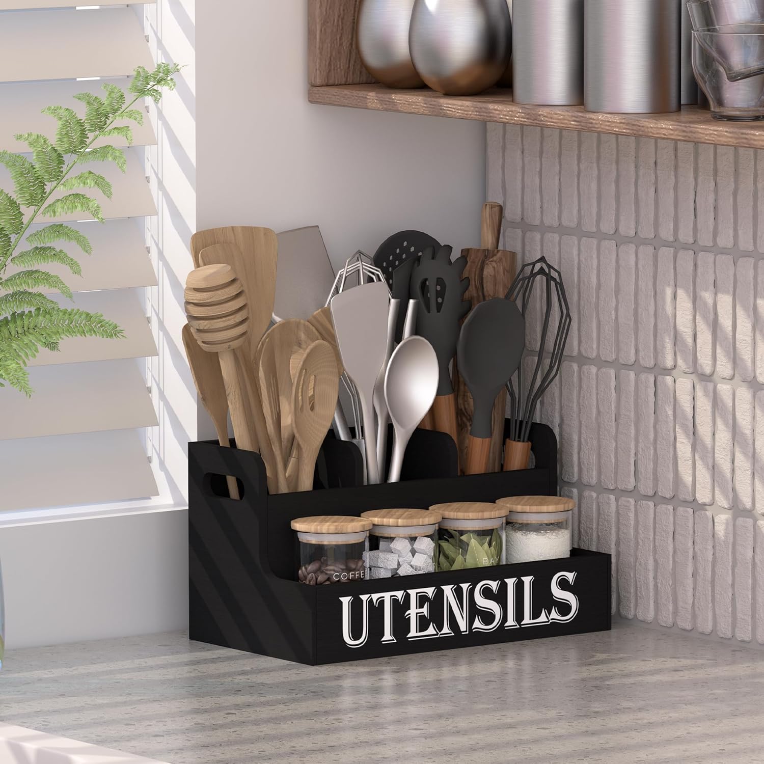 Suli Kitchen Utensils Holder, Wooden Utensil Organizer for Kitchen Countertop, Farmhouse Utensil Storage, Rustic Cooking Utensils ,4 Compartments,- Black