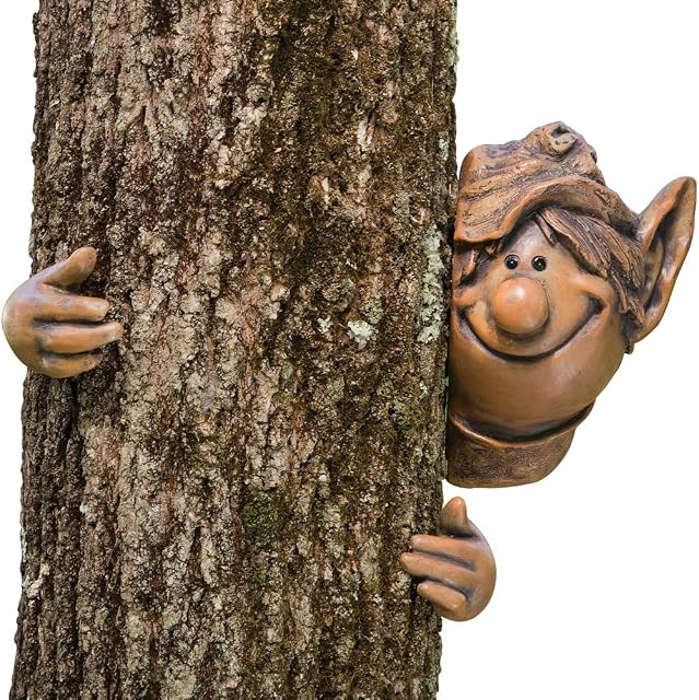 Bits and Pieces - Garden Peeker Elf Tree Hugger Outdoor Tree Sculpture - Whimsical Garden Decoration