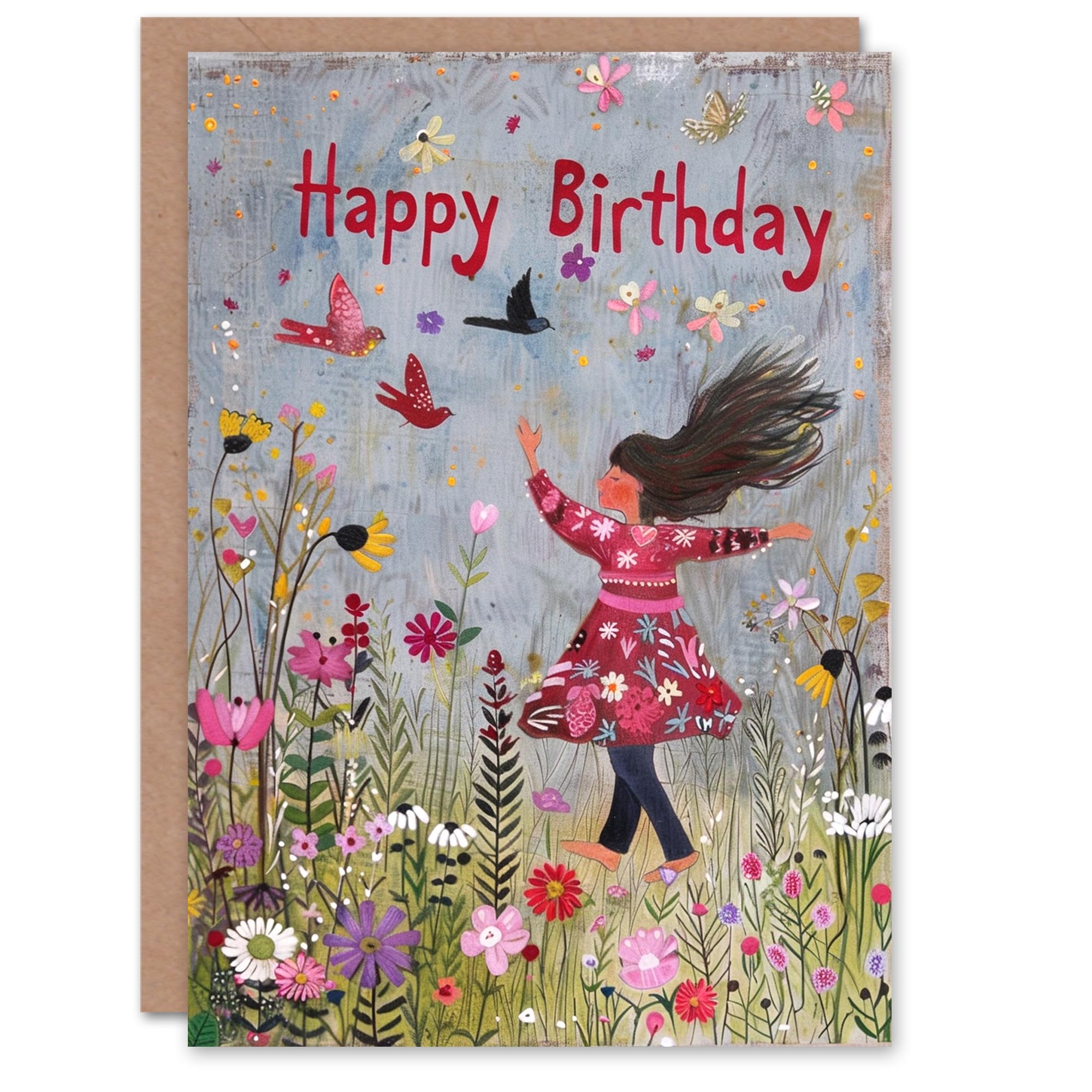 Artery8 Birthday Card Happy Child Dancing in Spring Flower Meadow For Her Gran Sister Niece Daughter Wife Woman Greeting Card
