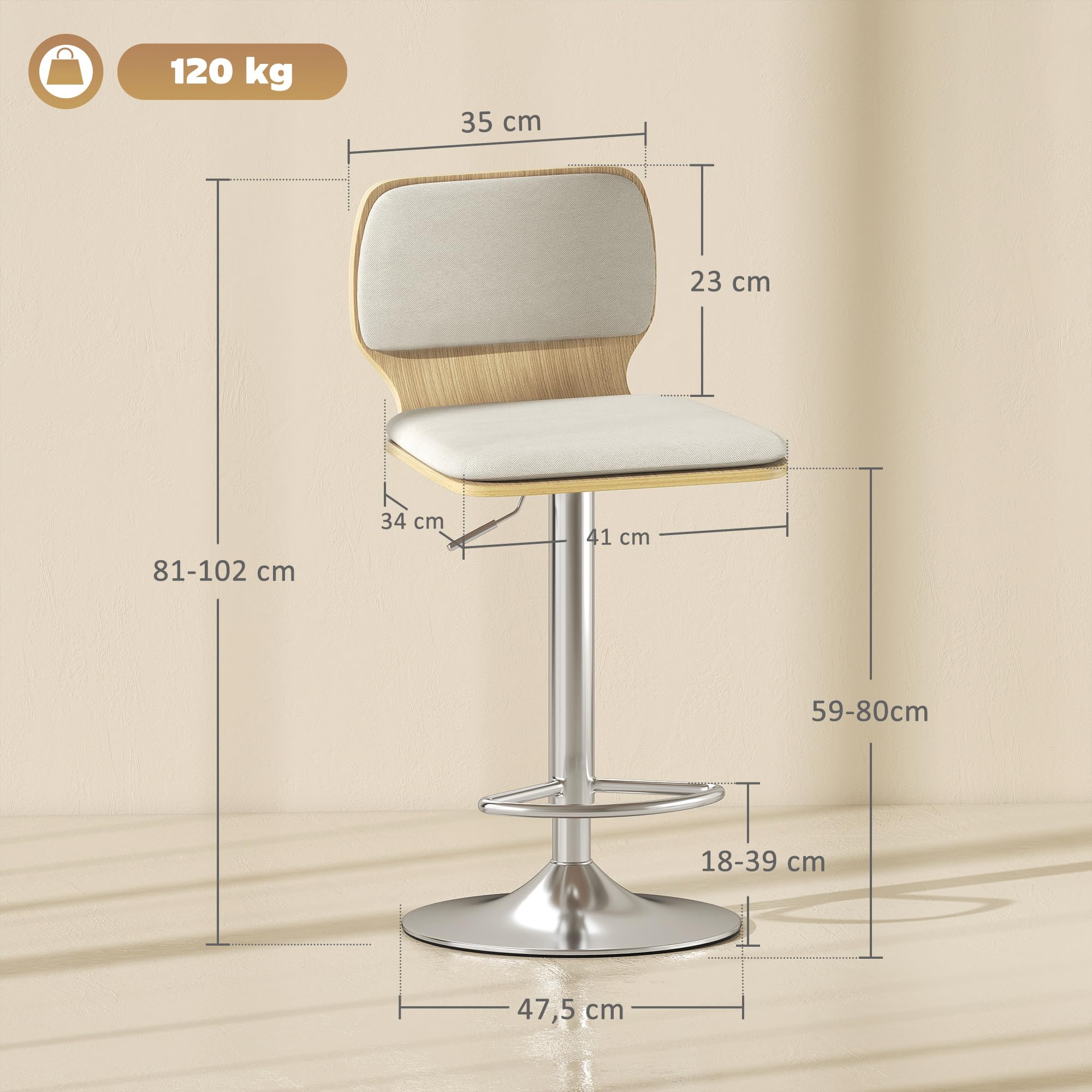 HOMCOM Juego de 2 Taburetes Altos de Cocina Giratorios en 360°, Taburetes de Bar Regulables en Altura de 81-102 cm, Tapizados en Lino, Reposapiés, para Comedor, Mostrador, Beige
