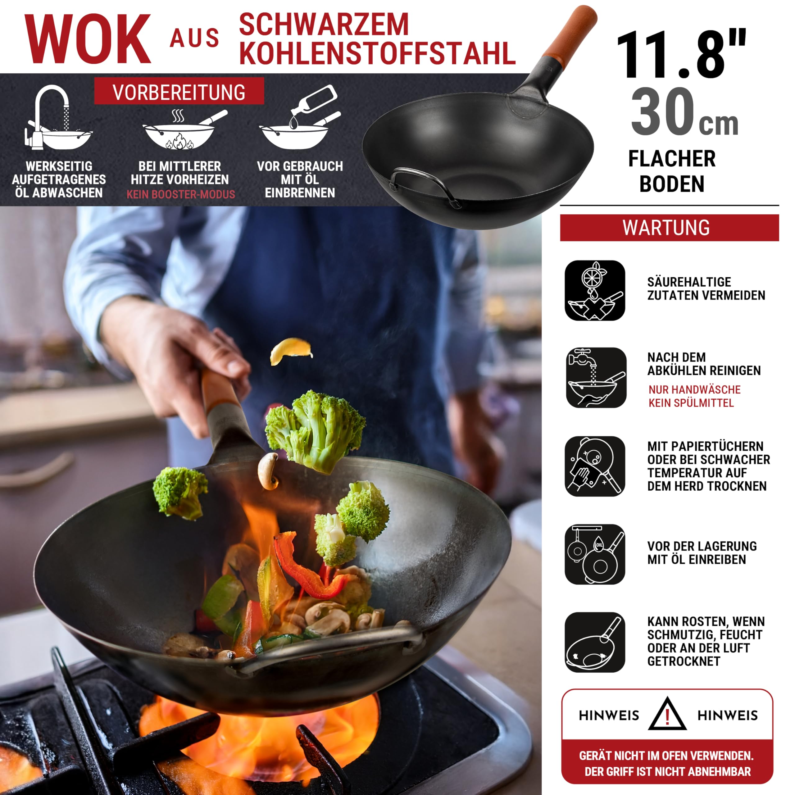 YOSUKATA Flacher Boden Karbonstahl Woks & Wokpfannen 30 cm | Voreingebrannter Wokpfanne - Traditionell Wok für induktionsherd - Kompatibel mit Gas- Elektroherden Grill Induktion Feuer