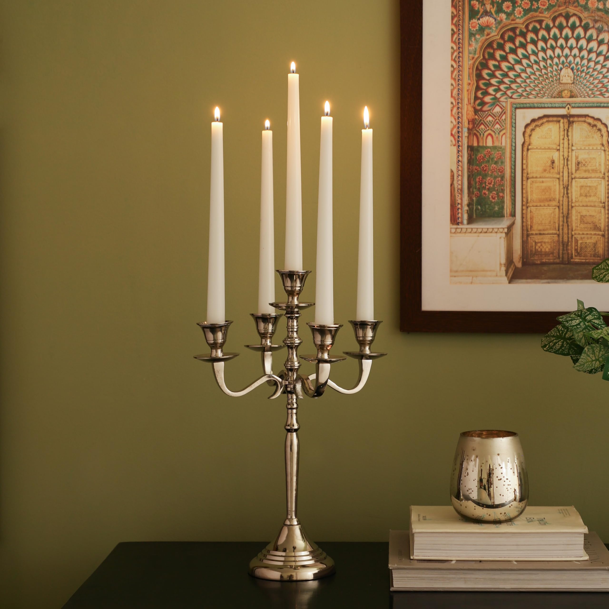 Creative Design Home Decor Five Arm Silver Candelabra Candle Holder/Wedding Centerpiece Occasions Candelabra/Decorative Candle Holder for Dining Table Decorative 5 arm Candle Holders (Silver(5Arm))-image-42
