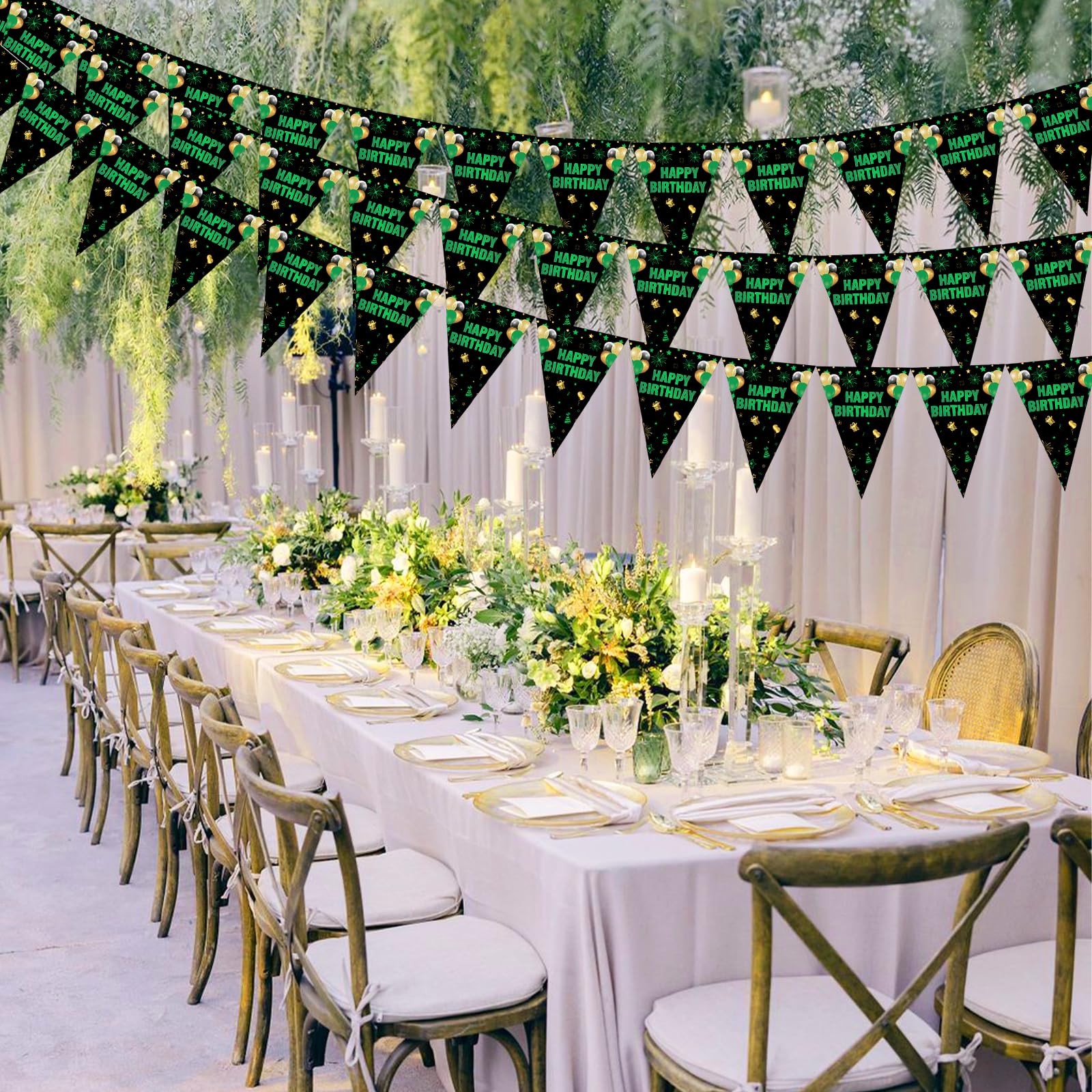Decorazioni 40° Compleanno: 3 Striscioni Con Bandierine Triangolari Verde E Oro Per Festa Uomo/Donna – Tema Glitter