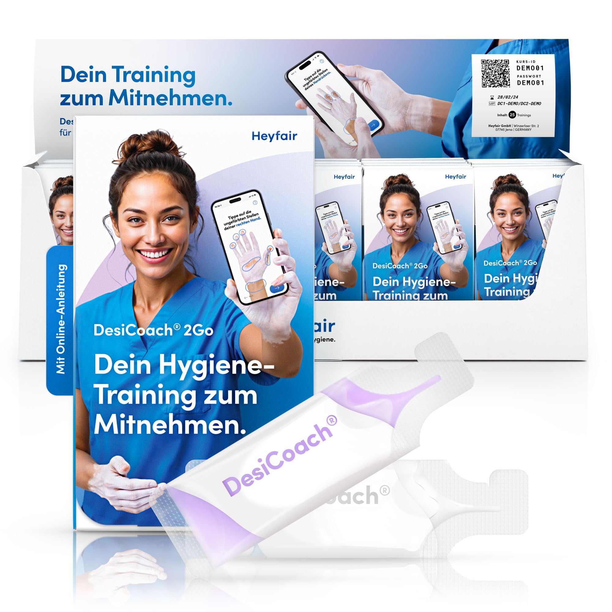 2Go Händedesinfektion Training – mit Online-Anleitung, 15er-Set | Mobiles Hygienetraining von Heyfair. Ganz ohne UV-Licht.