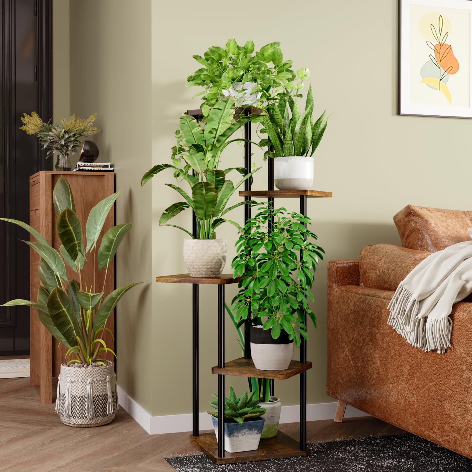 Bamworld 5 Tier 5 Potted Plant Stand Indoor, Tall Metal Plant Shelf for Multiple Plants, Corner Black Flower Pots Shelf for Patio Garden Balcony Living Room Bedroom - 5