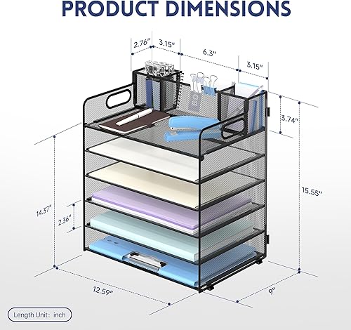 Miniatura 6 de SUPEASY Organizador de escritorio de 6 niveles con asa y 3 soportes para bolígrafos, organizador de papel de mallaarchivos para escritorio,