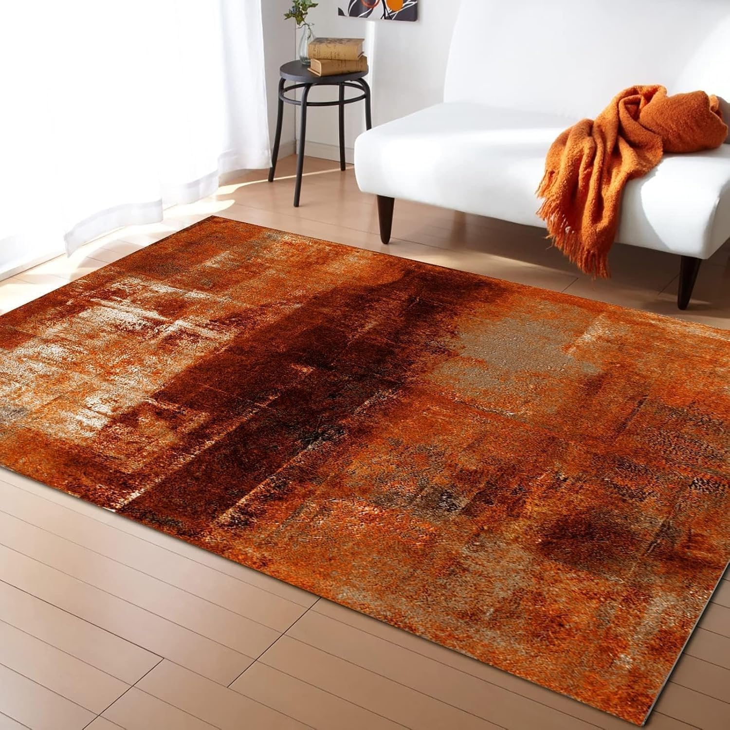 Burnt Orange Rug 5x8 Oil Painting Vintage Area Rug, Non-Slip Low Pile Washable Carpet for Bedroom Dining Studio Laundry Home Decor