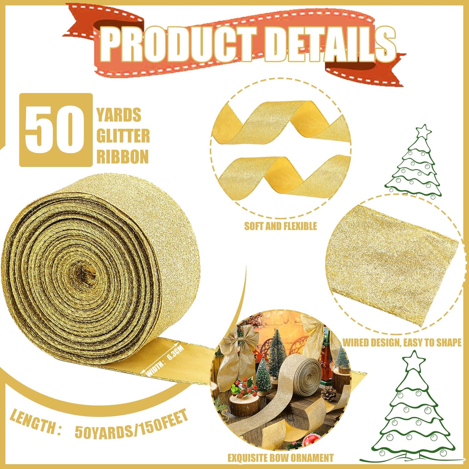 Jetec Christmas Gold Metallic Glitter Wired Ribbon 2.5 Inch x 50 Yards for Home Christmas Tree Decor Bow Gift Wrapping Garland DIY Holiday Crafts Wreath