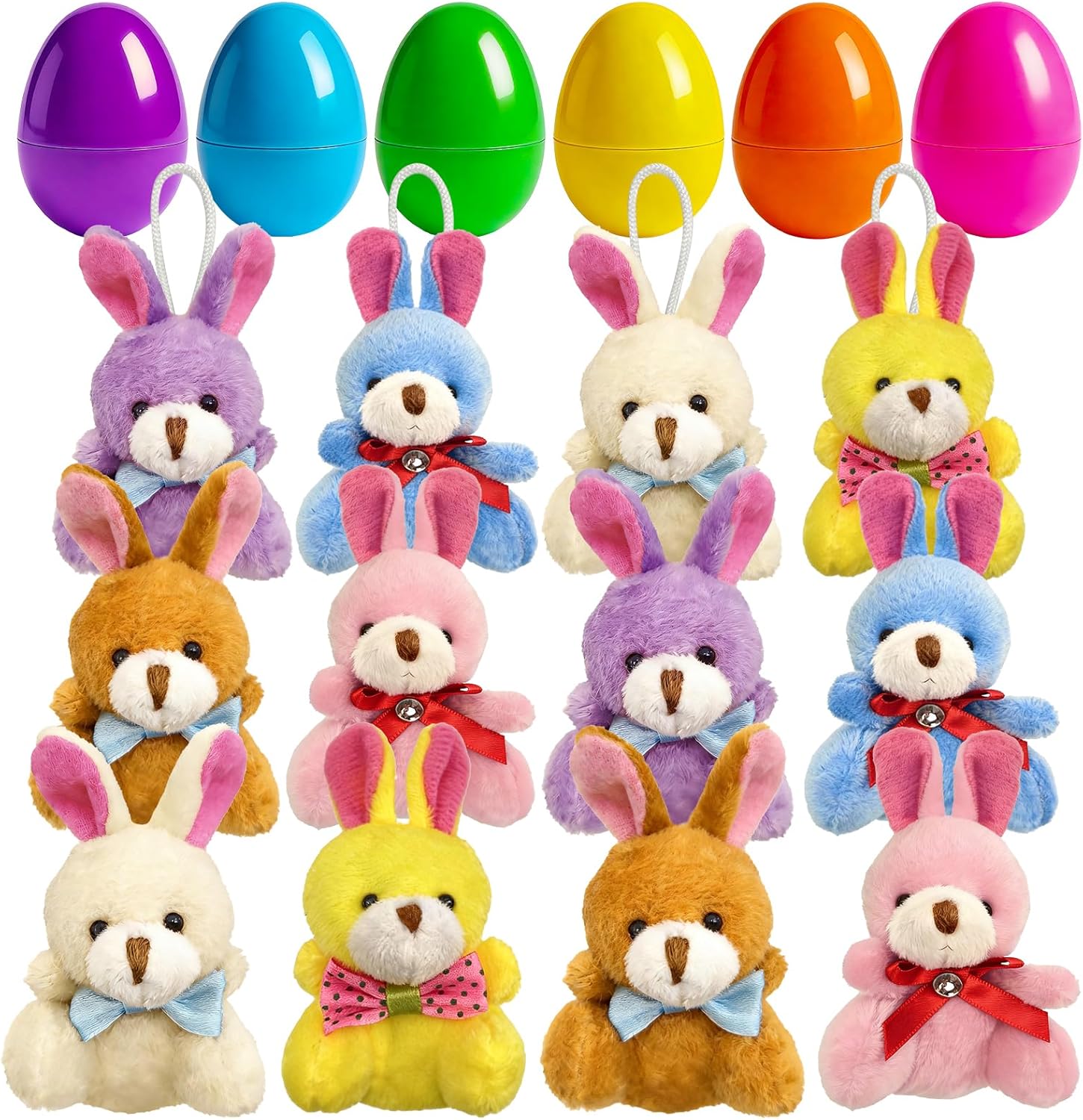Abakuku 12 Pcs Prefilled Easter Eggs Plush Toy, 2.35in Bright Colorful Eggs Prefilled with Variety Plush Bunnies Easter Basket Stuffers Party Favors Gift Bags