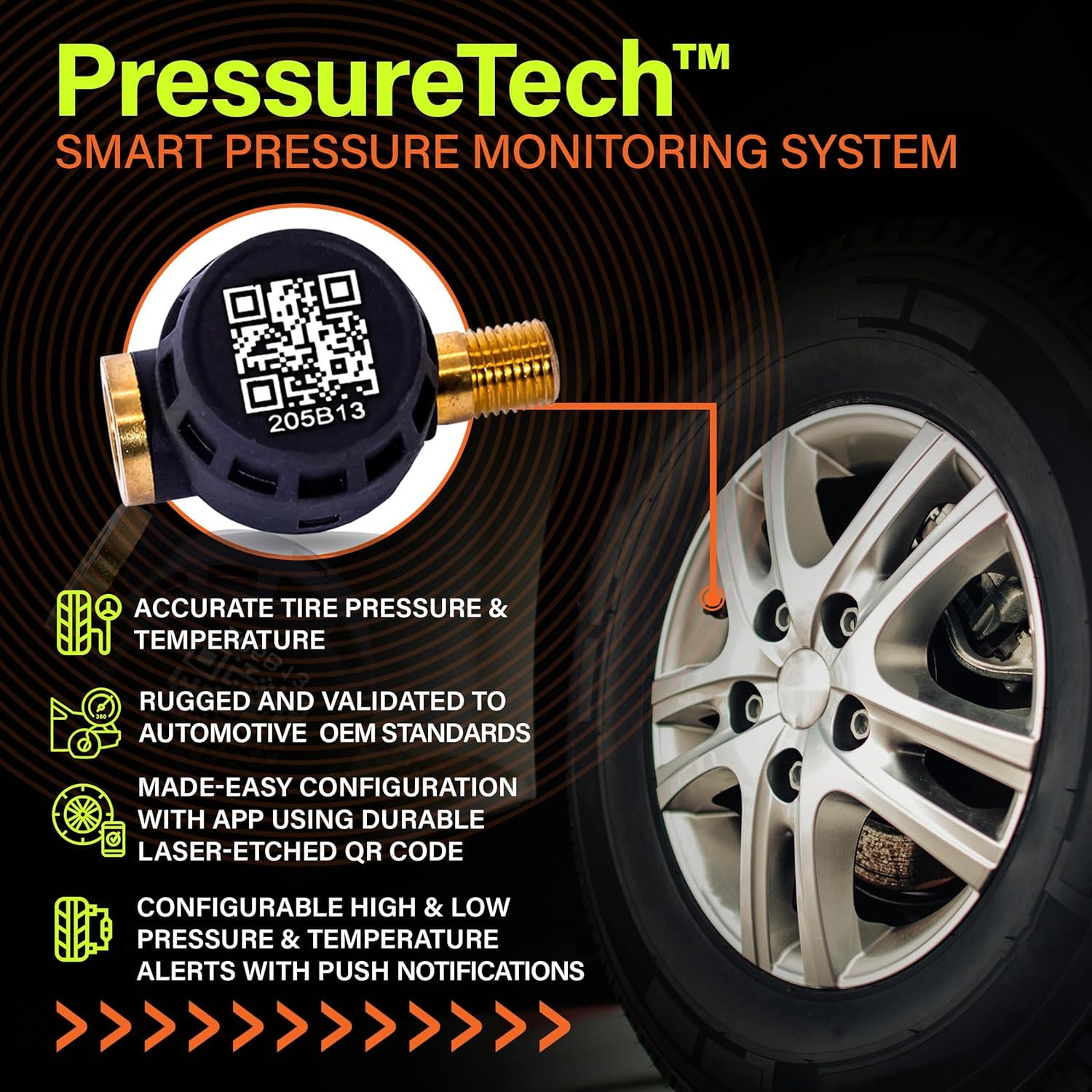 PressureTech Wireless Tire Pressure Monitoring System - TPMS Sensors for Automobiles, Motorcycles, Powersport Vehicles, RVs, Trailers - Real-Time Display w/iOS or Android App (0-150 PSI) (Pack of 8)