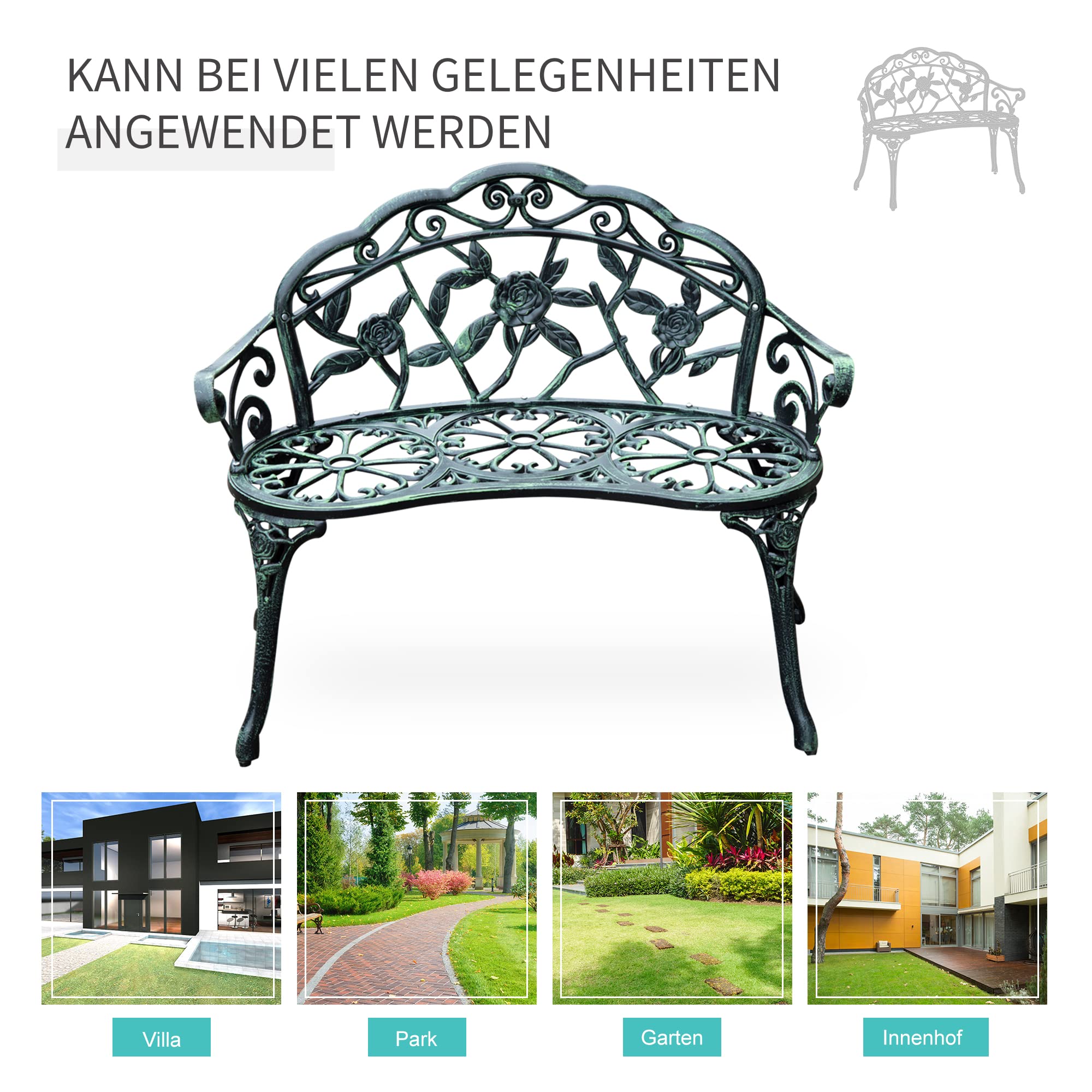 Outsunny Gartenbank 2-Sitzer aus Gussaluminium, Sitzbank im Retro Stil, Parkbank mit Blumenmuster, Balkonbank 240 kg belastbar, für Balkon Terrasse, Garten, 100 x 54 x 78 cm, Antik Grün