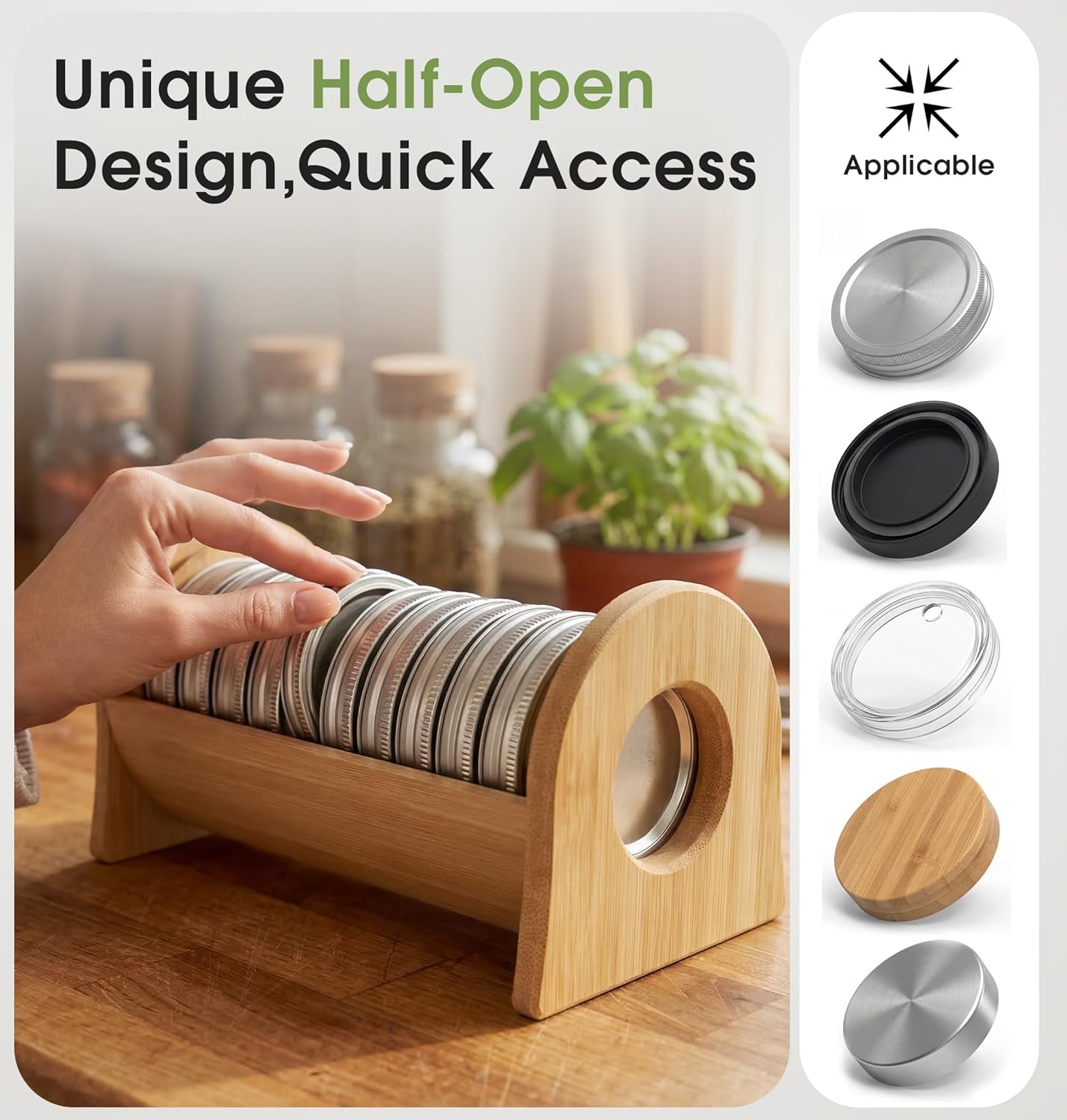 KOCWELL Mason Jar Lid Organizer, 2 Pack Bamboo Storage Holder for Wide & Regular Mouth Lids, Kitchen Countertop Canning Lid Storage