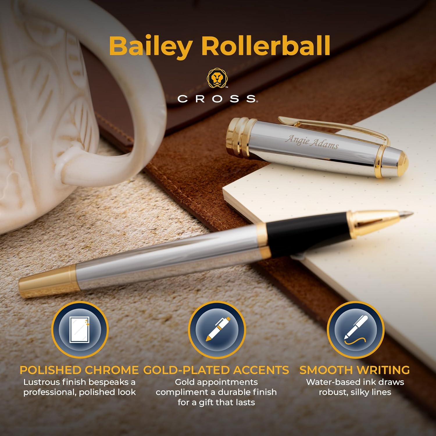 Personalized Cross Bailey Medalist Rollerball Pen | Chrome with Gold Trim | Custom Engraved Pen for Men and Women | New Job and Retirement Celebrations | Professionals and Executives
