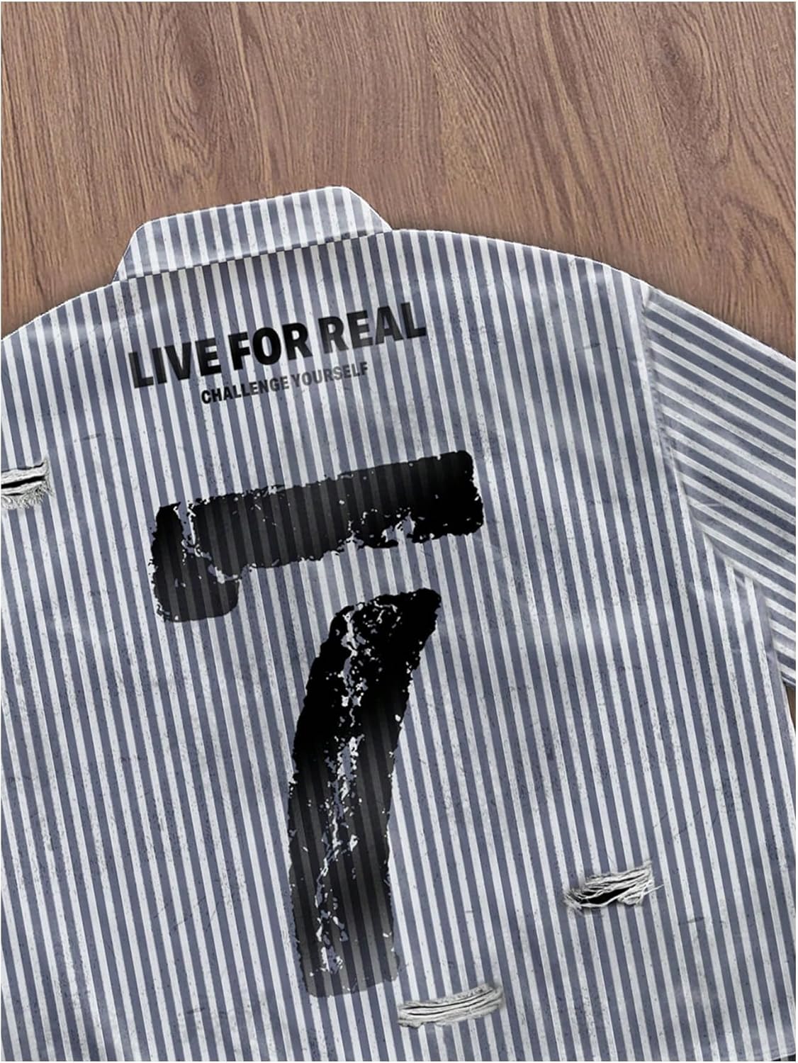 GORGLITTER Men's Letter Graphic Striped Cropped Button Down Shirts Ripped Short Sleeve Y2k Tops Casual Streetwear