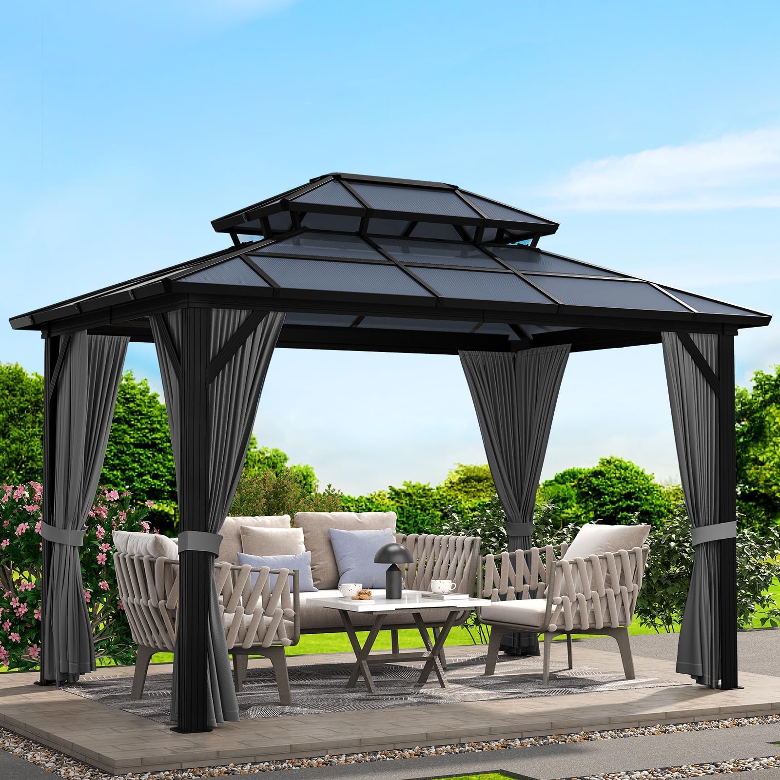Photo 1 of **ONE BOX OF 2**12'x10' Hardtop Gazebo, Aluminum Permanent Pavilion with Polycarbonate Double Roof, Removable Curtains & Mosquito Netting for Patio, Garden, Lawn, Upgrade Your Outdoors: Heavy Duty Hardtop Gazebo