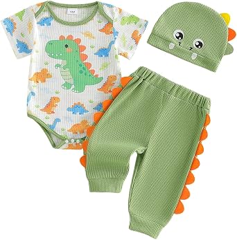 Newborn Baby Boy Clothes 0 3 6 12 18 Months Short Sleeve Dinosaur Romper Long Pants Hat 3Pcs Summer Outfit