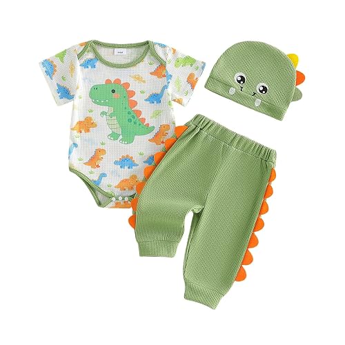 Lamuusaa Newborn Baby Boy Clothes 0 3 6 12 18 Months Short Sleeve Dinosaur Romper Long Pants Hat 3Pcs Summer Outfit