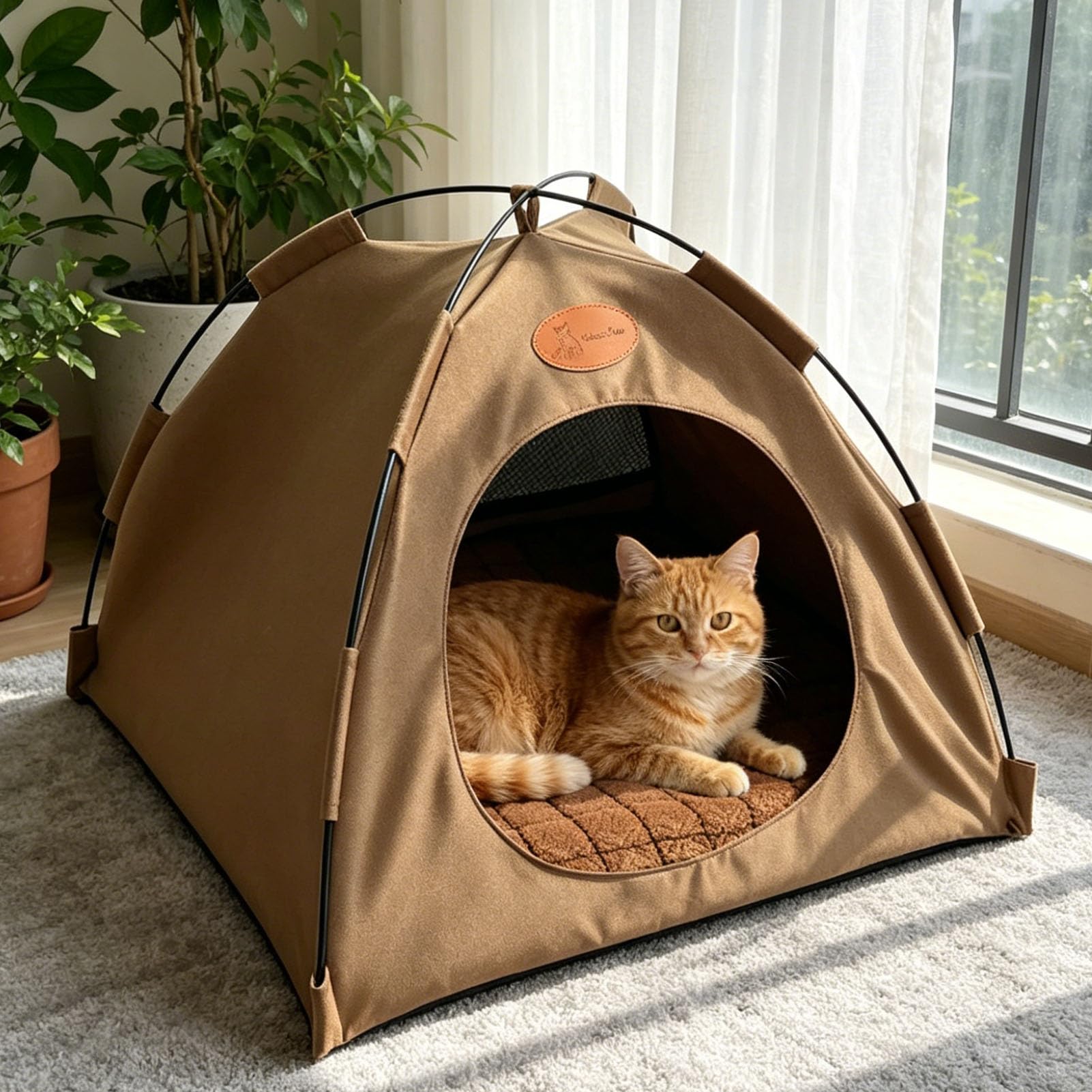 AMONIDA Tenda per Gatti, Letto Accogliente Dal Design Traspirante e Portatile per Uso Interno Ed Esterno, Materiale in Tela (Caffè con Mat)