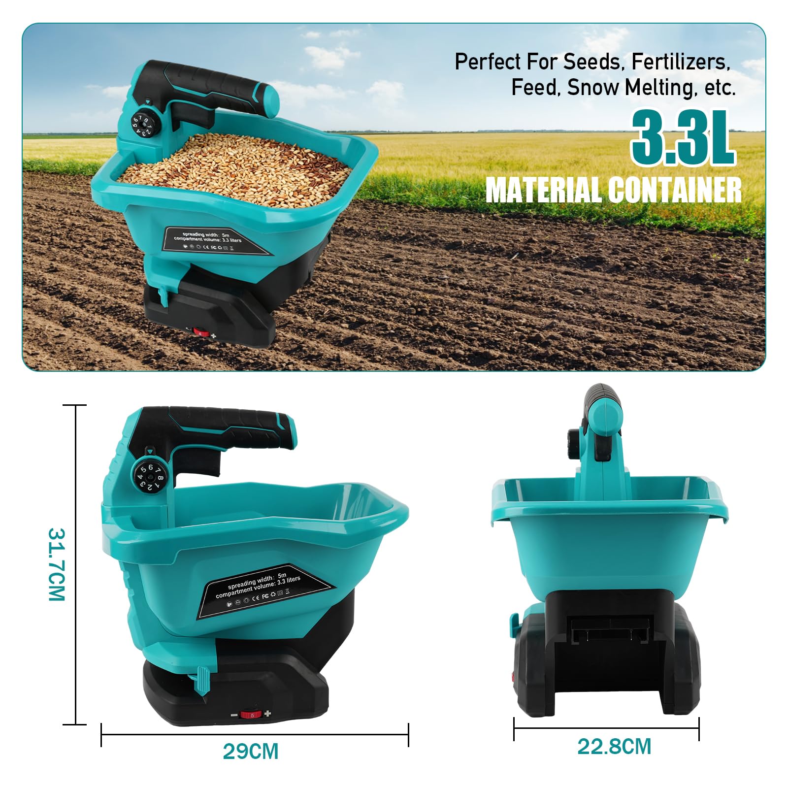 Bezprzewodowy rozrzutnik nasion for Makita 18V, elektryczny rozsiewacz ręczny 3,3L z 8 regulowanymi szerokościami rozproszenia i 6 poziomami przepływu, do nasion, nawozów i środków przeciw chwastom