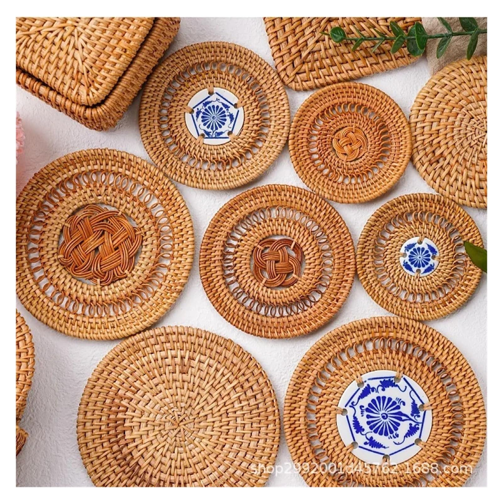 posavasos de ratán tejidos, Posavasos redondos de ratán tejido, paquete 4, 8-13 cm(Style2,13cm)