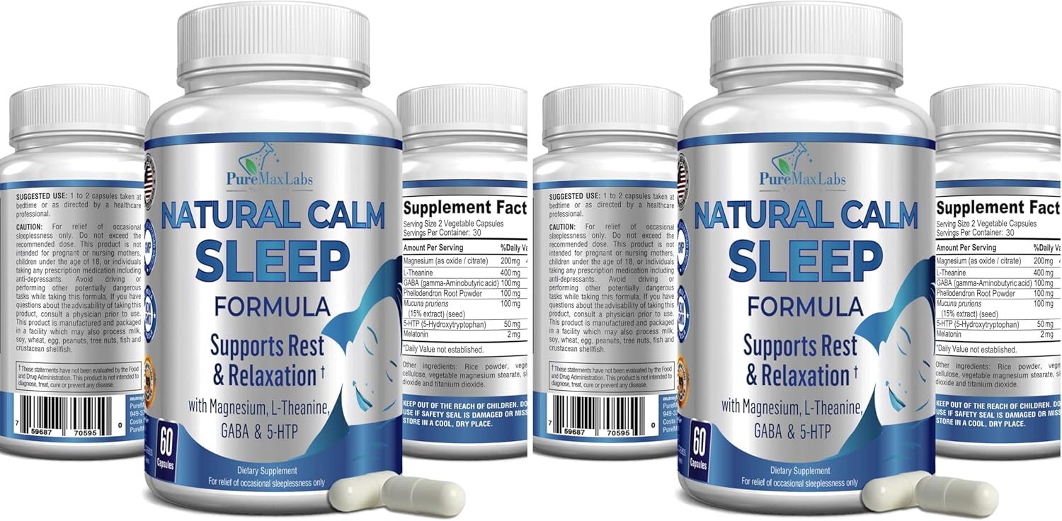 YUMMYVITE Natural Calm Sleep Aid with Magnesium, L-Theanine, Melatonin, GABA, 5-Htp | Sleep Aid | Non-GMO - 60 Capsules (Pack of 2)