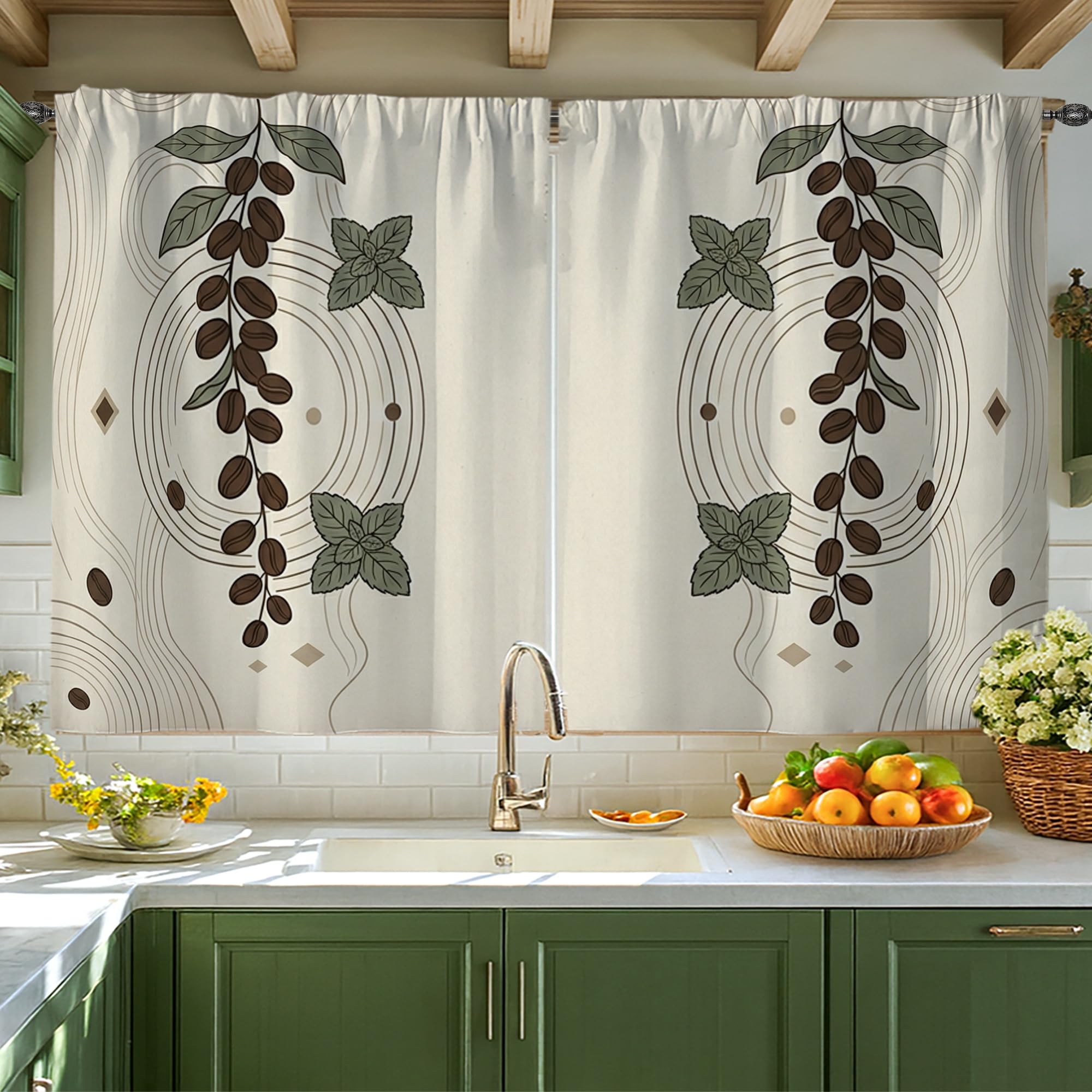 Rideaux courts de cuisine à motif de feuilles vertes d'été pour petit vitrage 106x114 cm