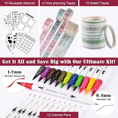 Miniatura 4 de Kit de diario de puntos con viñetas, tapa dura de 4.94 ozm, diario de puntos A5 con 188 páginas numeradas y 3 índices, 12 bolígrafos de doble punta,